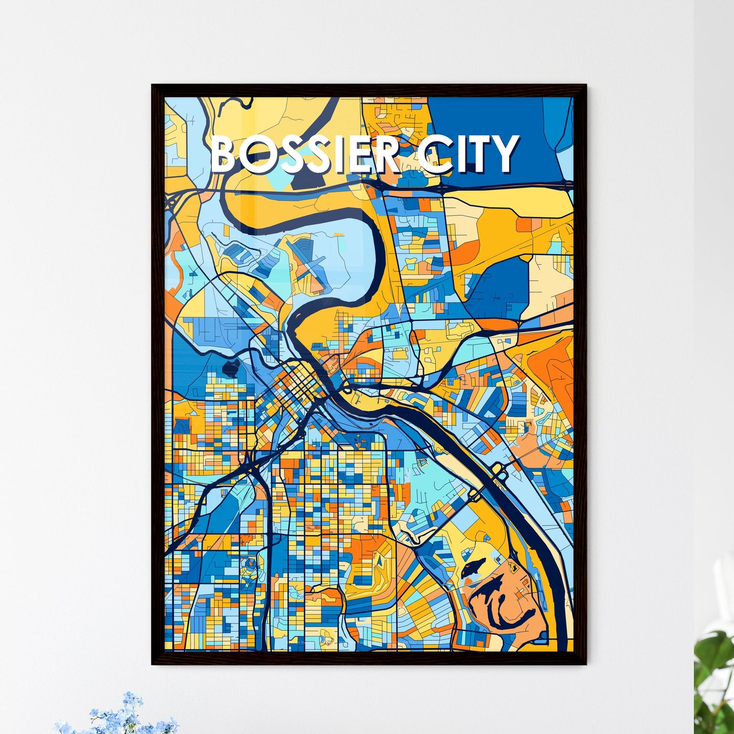 BOSSIER CITY LOUISIANA Vibrant Colorful Art Map Poster Blue Orange