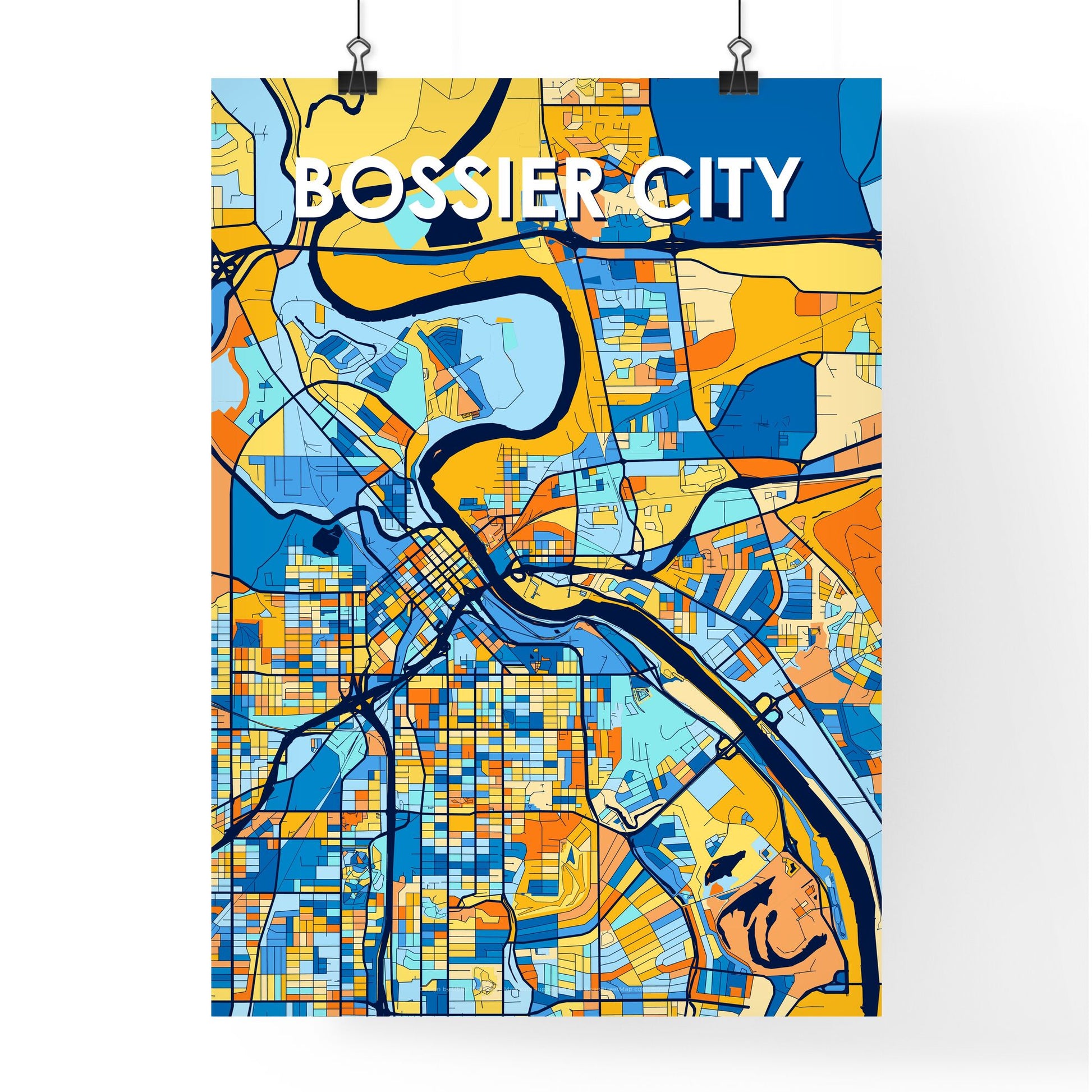 BOSSIER CITY LOUISIANA Vibrant Colorful Art Map Poster Blue Orange