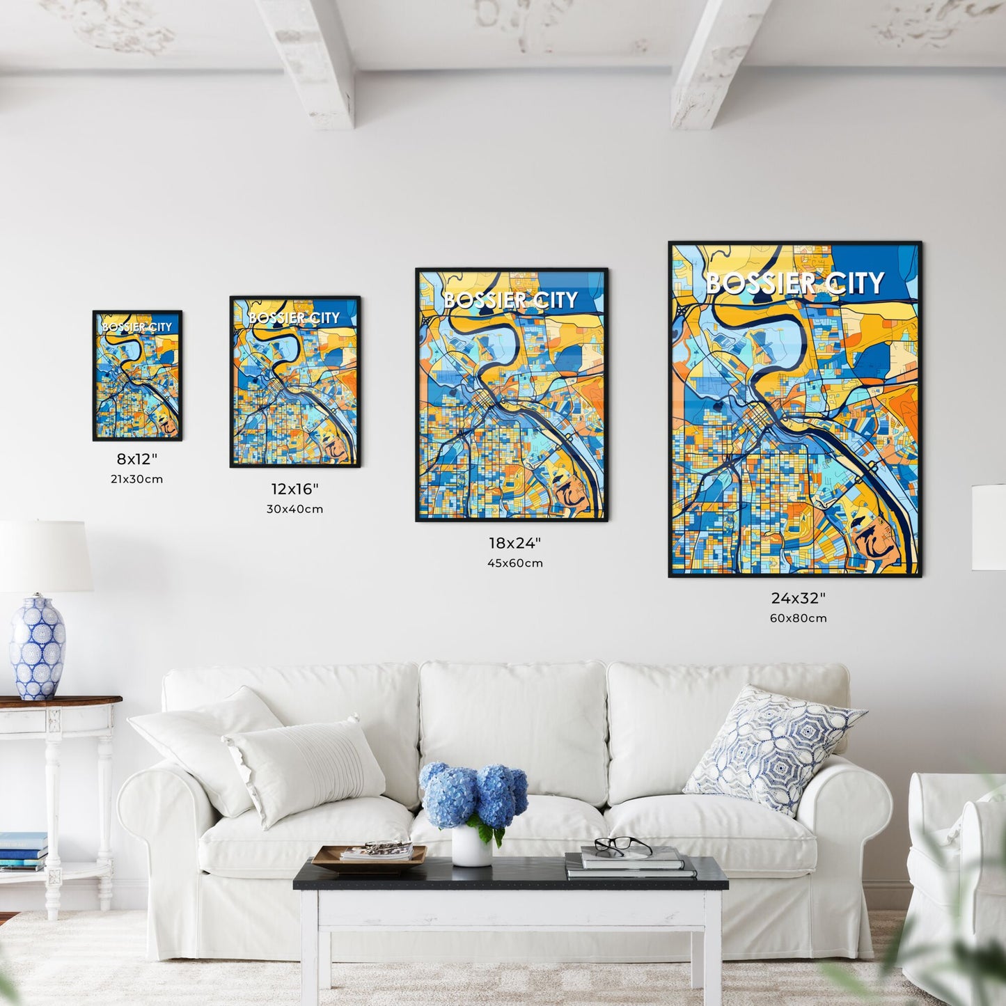 BOSSIER CITY LOUISIANA Vibrant Colorful Art Map Poster Blue Orange