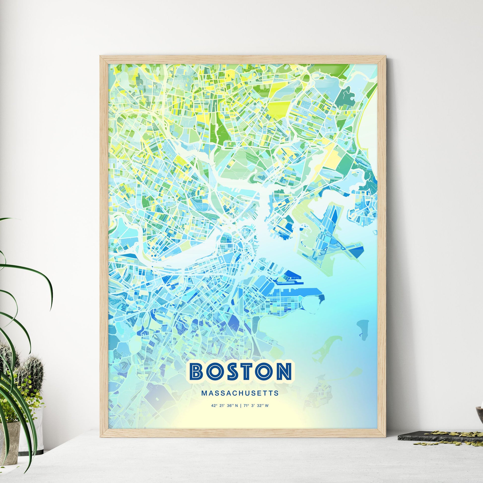 Colorful Boston Massachusetts Fine Art Map Cool Blue