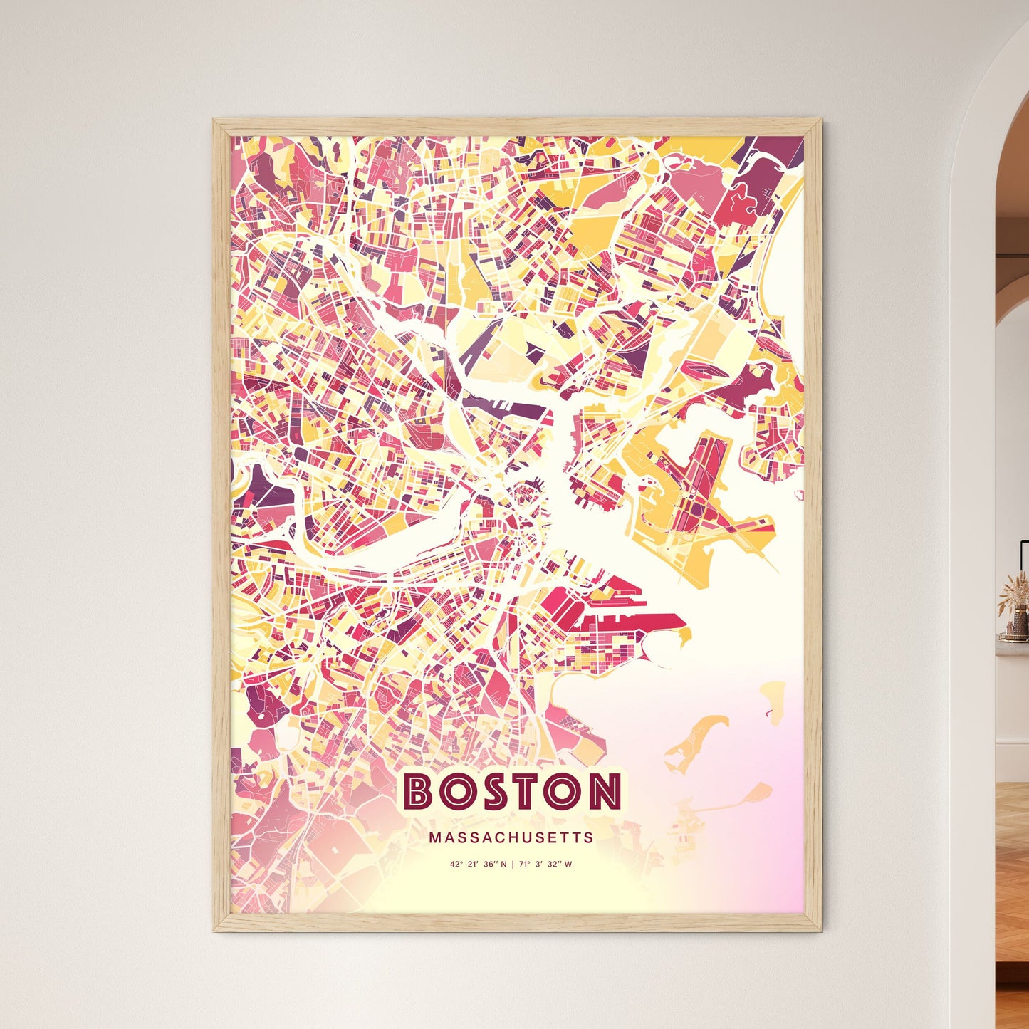 Colorful Boston Massachusetts Fine Art Map Hot Red