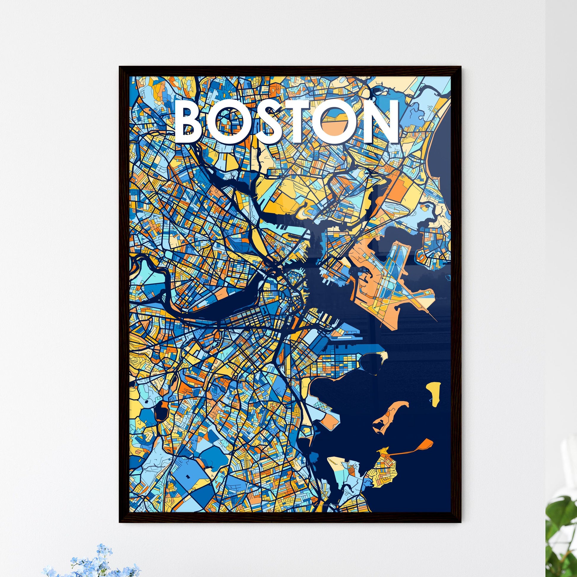 BOSTON MASSACHUSETTS Vibrant Colorful Art Map Poster Blue Orange