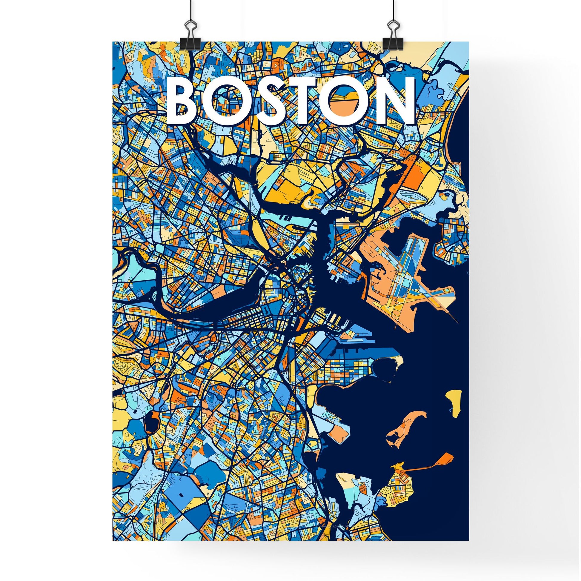 BOSTON MASSACHUSETTS Vibrant Colorful Art Map Poster Blue Orange