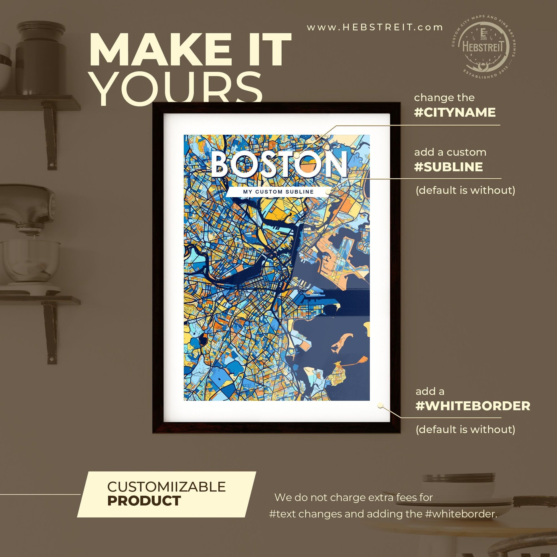 BOSTON MASSACHUSETTS Vibrant Colorful Art Map Poster Blue Orange