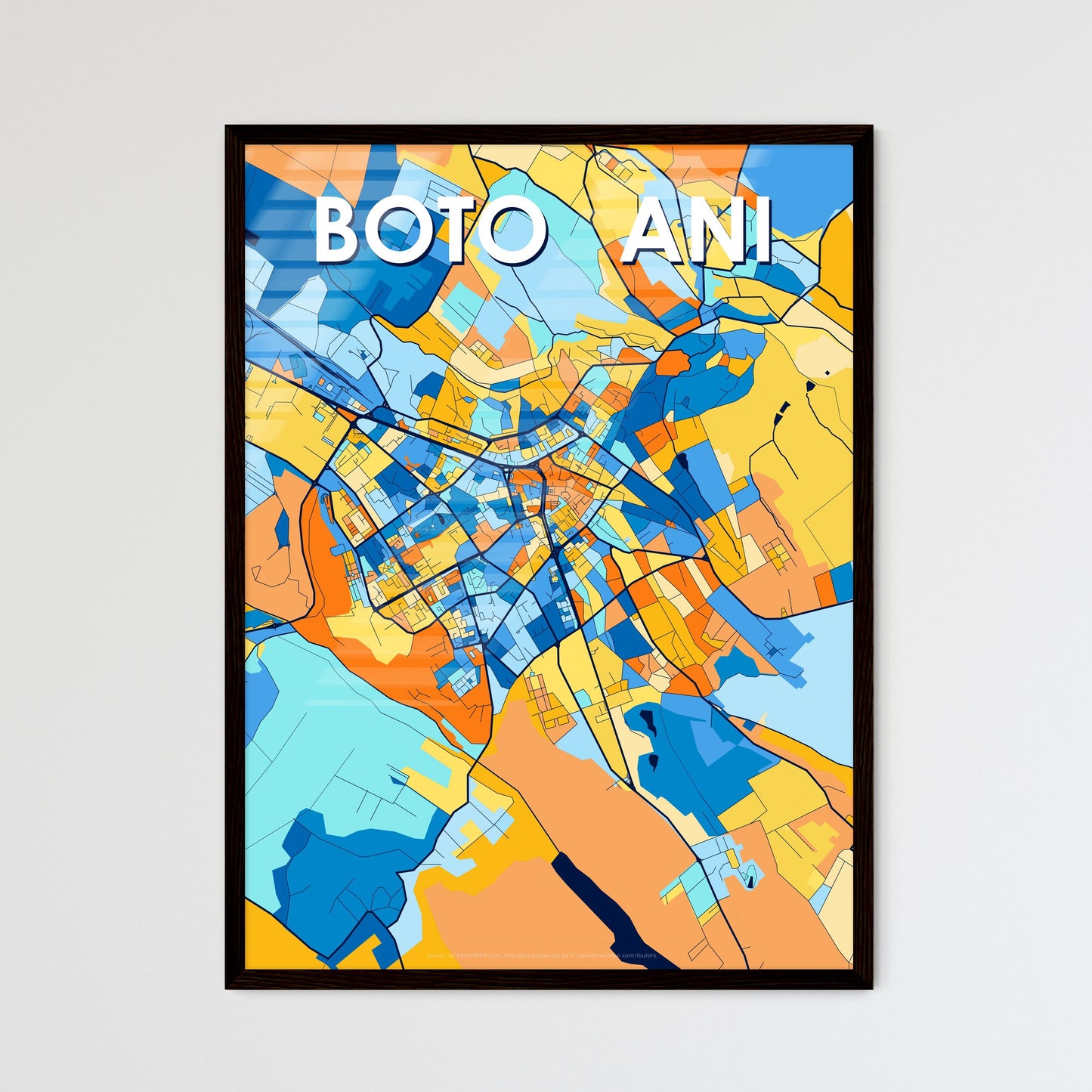 BOTOȘANI ROMANIA Vibrant Colorful Art Map Poster Blue Orange