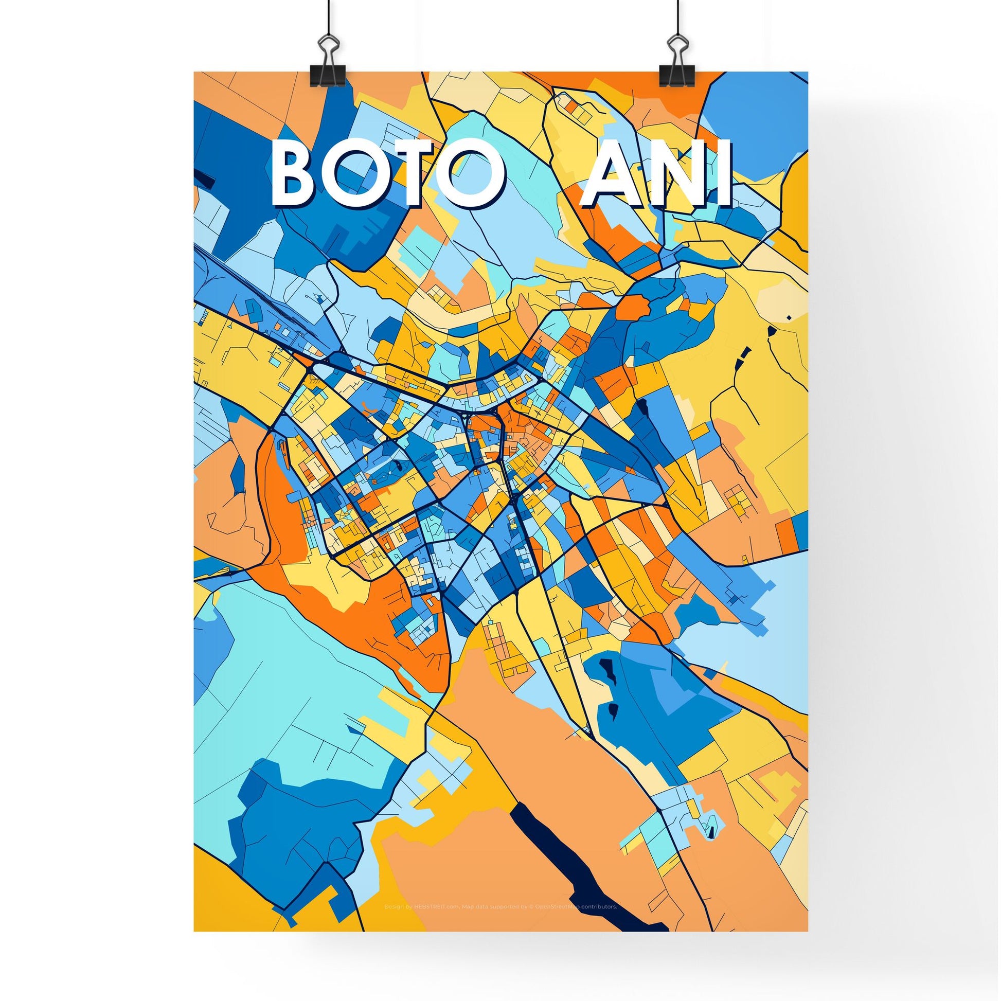 BOTOȘANI ROMANIA Vibrant Colorful Art Map Poster Blue Orange