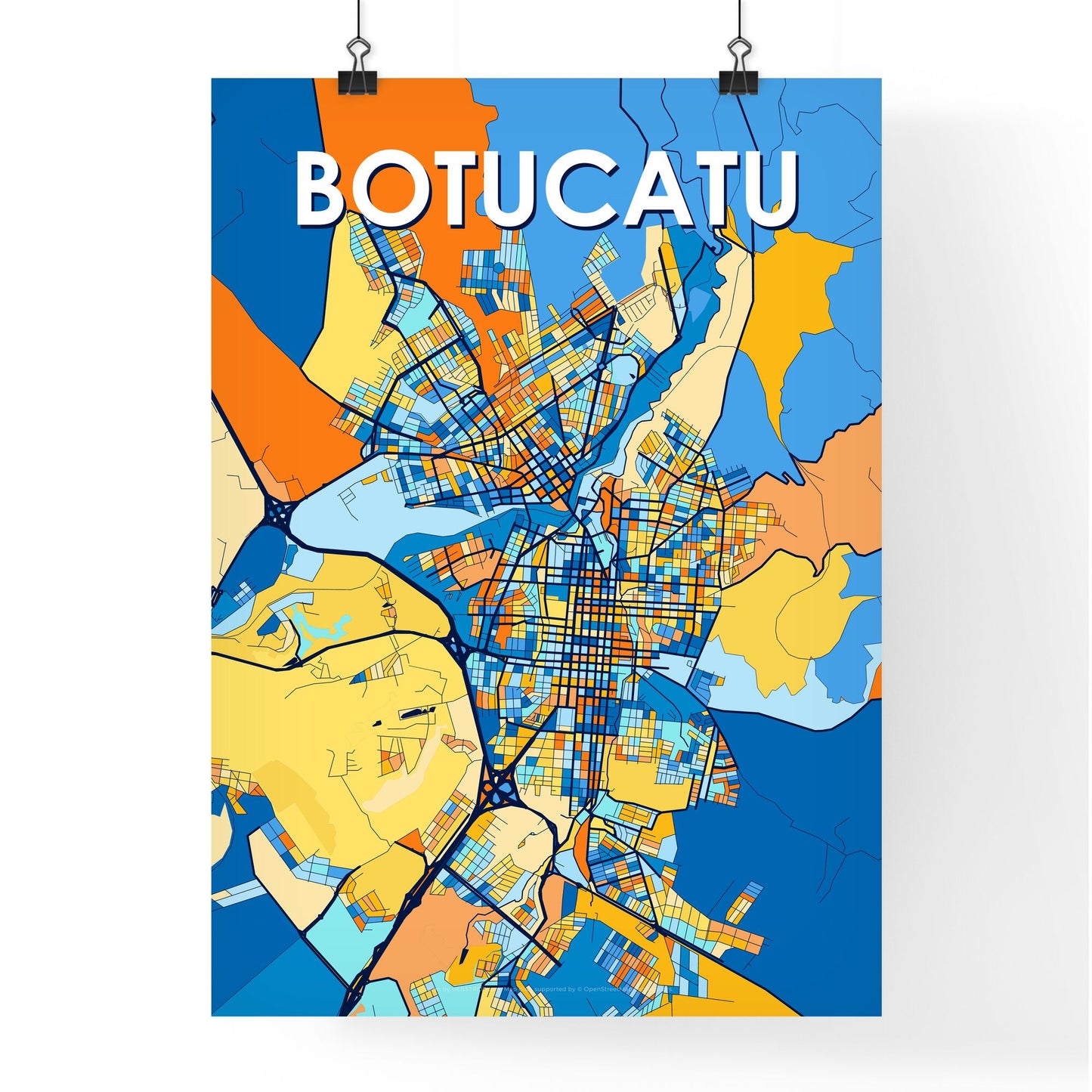 BOTUCATU BRAZIL Vibrant Colorful Art Map Poster Blue Orange