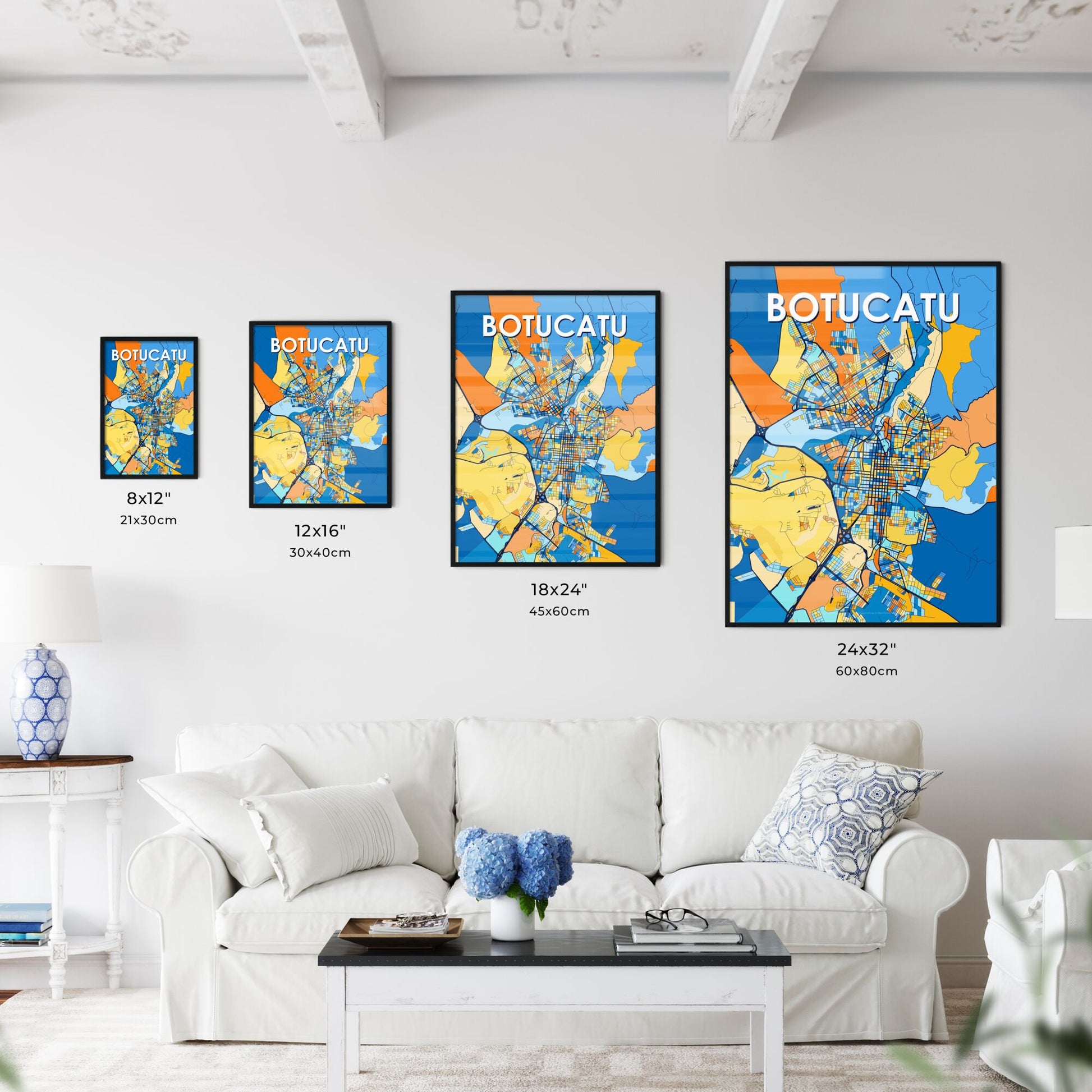 BOTUCATU BRAZIL Vibrant Colorful Art Map Poster Blue Orange