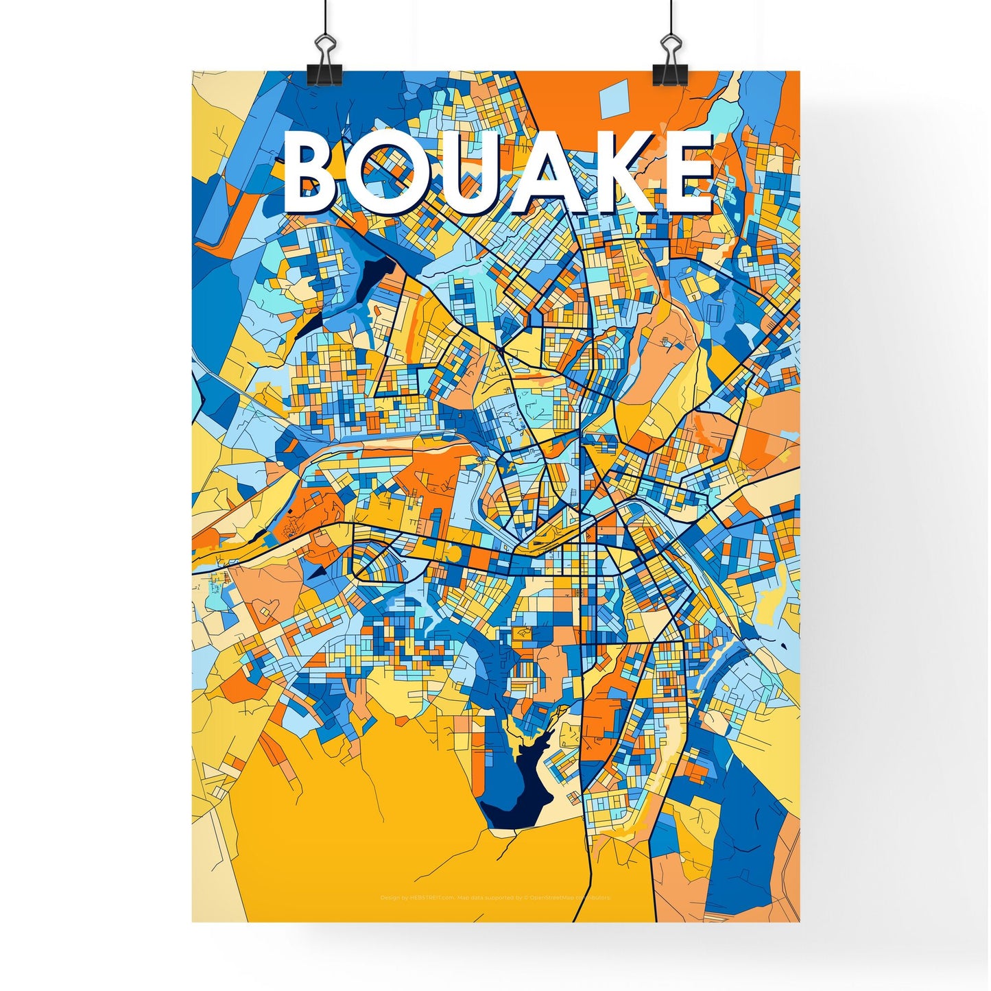 BOUAKE IVORY COAST Vibrant Colorful Art Map Poster Blue Orange