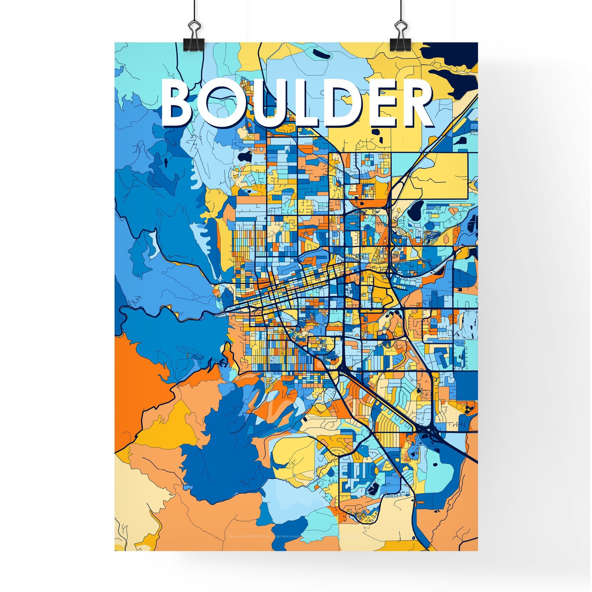 BOULDER COLORADO Vibrant Colorful Art Map Poster Blue Orange