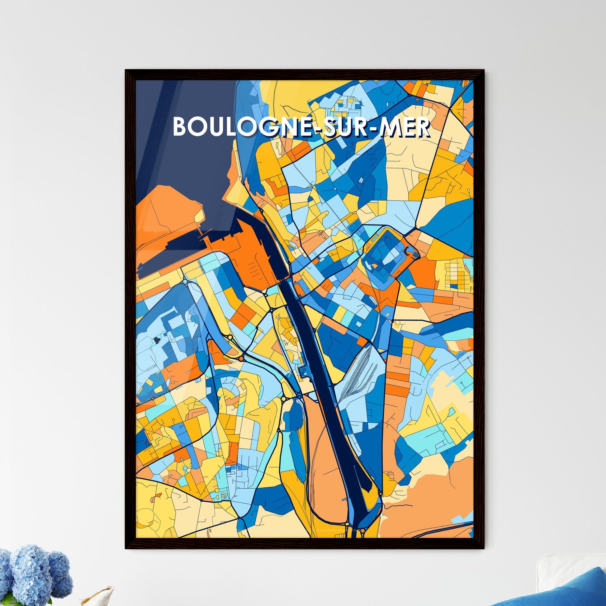 BOULOGNE-SUR-MER FRANCE Vibrant Colorful Art Map Poster Blue Orange