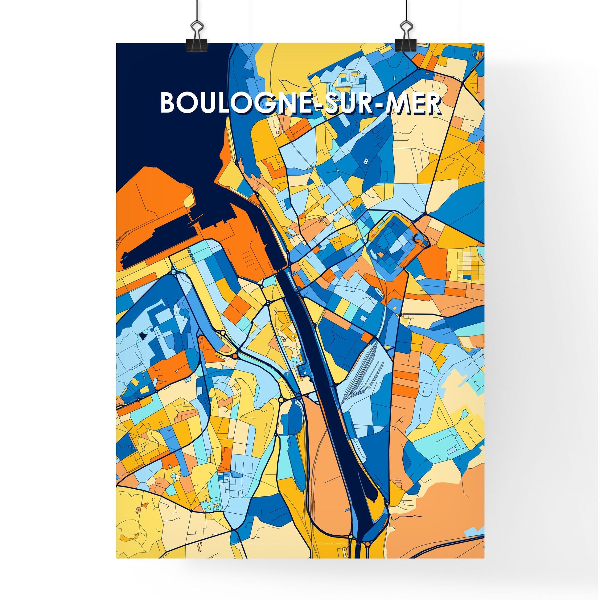 BOULOGNE-SUR-MER FRANCE Vibrant Colorful Art Map Poster Blue Orange