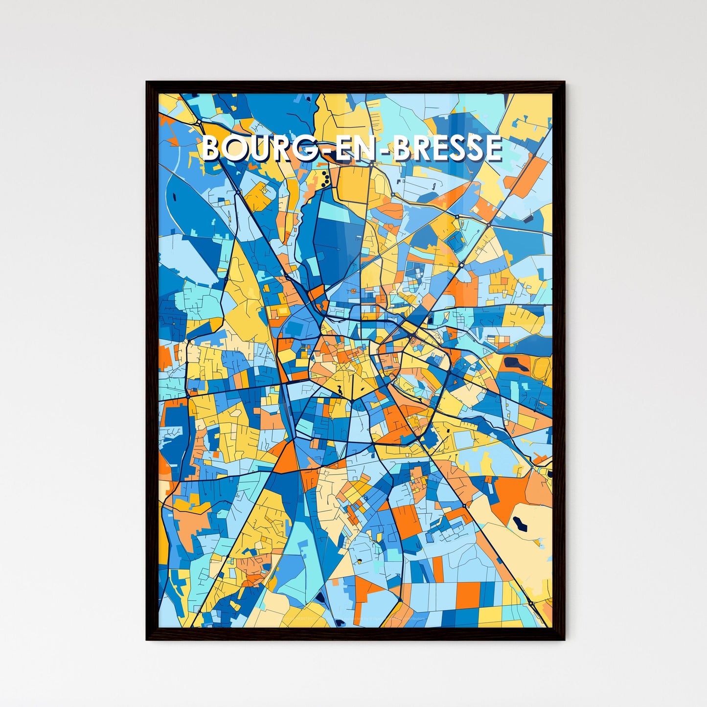 BOURG-EN-BRESSE FRANCE Vibrant Colorful Art Map Poster Blue Orange