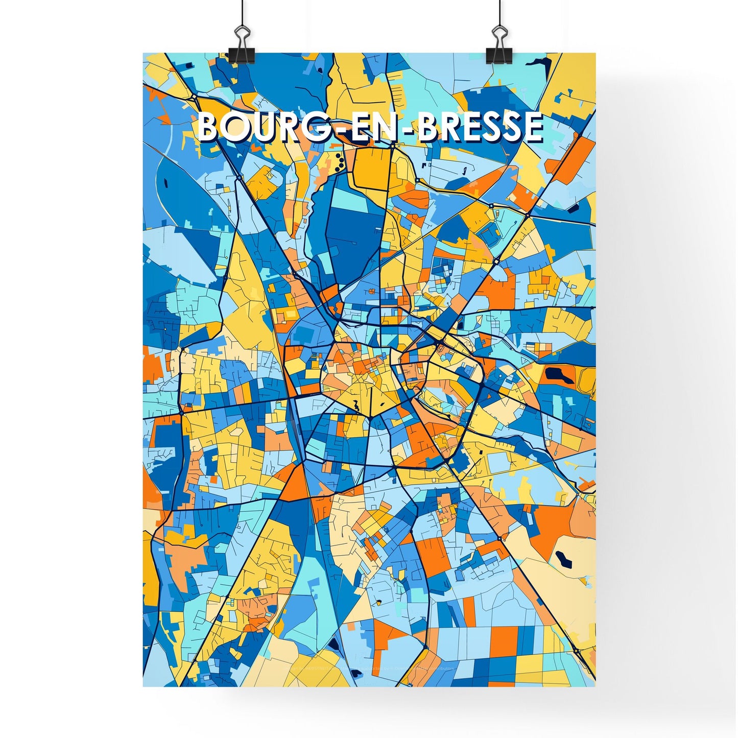 BOURG-EN-BRESSE FRANCE Vibrant Colorful Art Map Poster Blue Orange