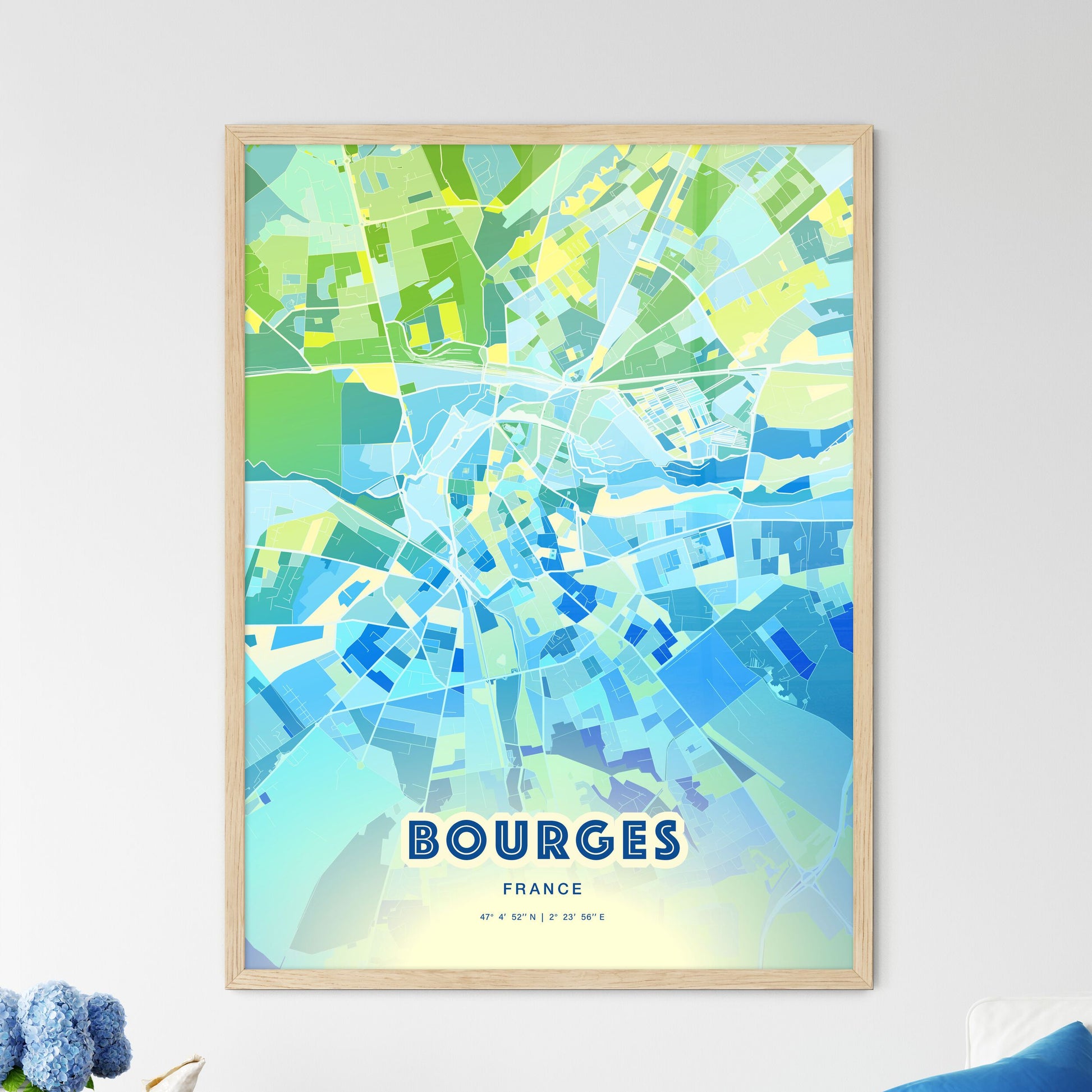 Colorful Bourges France Fine Art Map Cool Blue