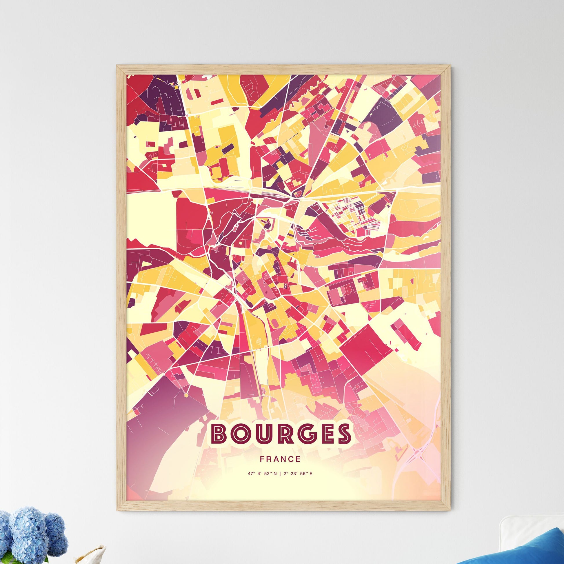 Colorful Bourges France Fine Art Map Hot Red