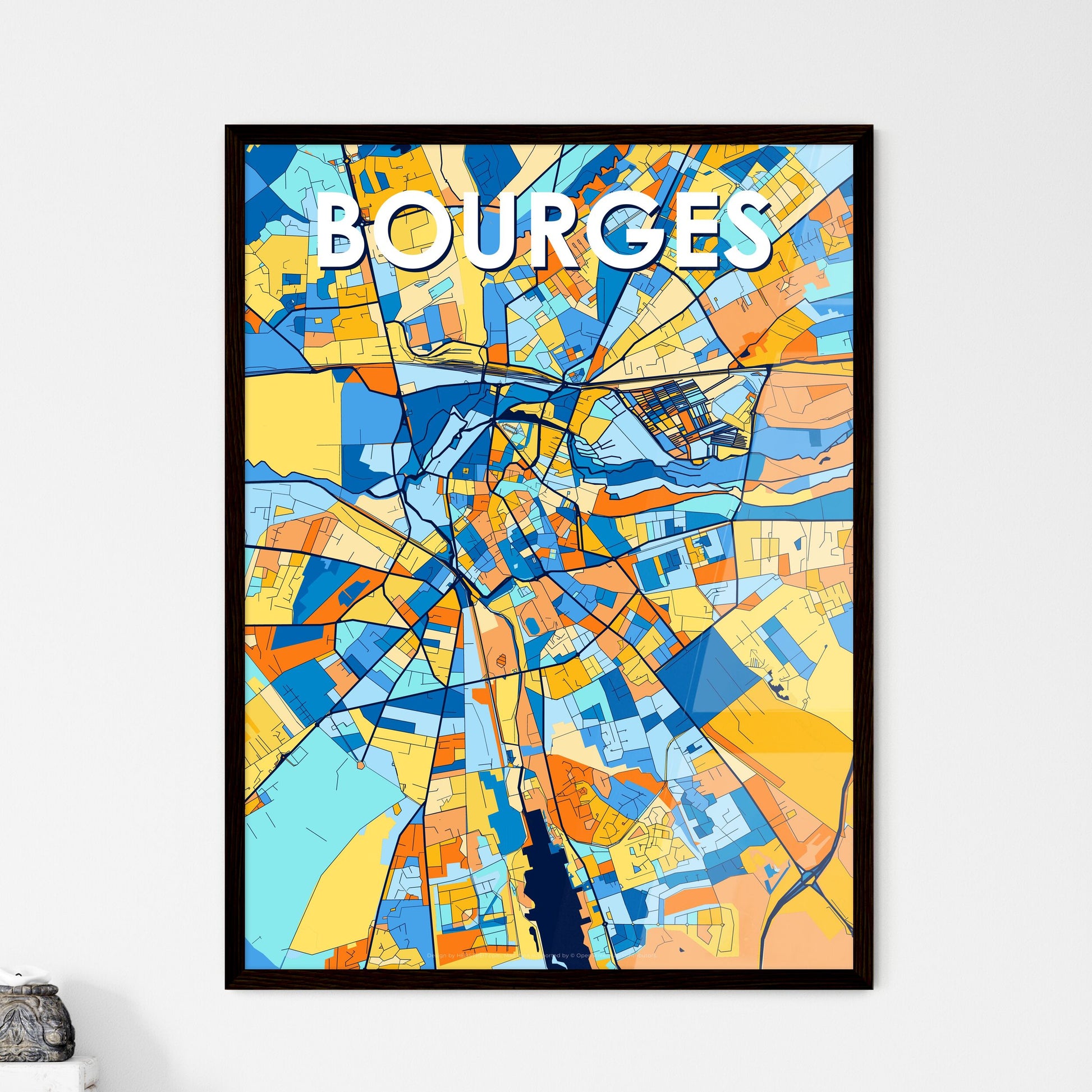 BOURGES FRANCE Vibrant Colorful Art Map Poster Blue Orange