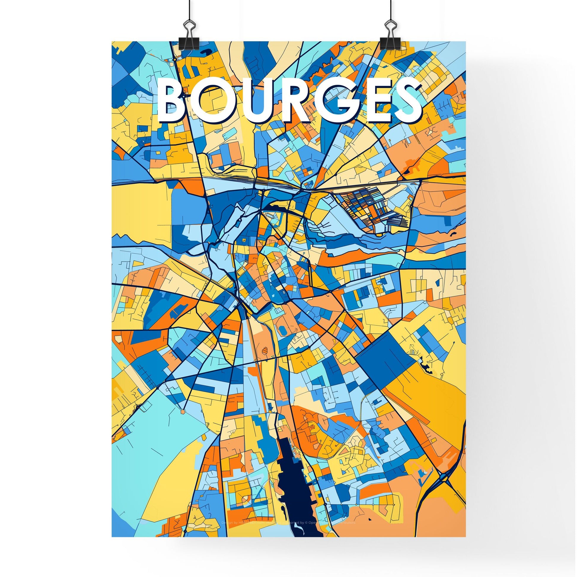 BOURGES FRANCE Vibrant Colorful Art Map Poster Blue Orange