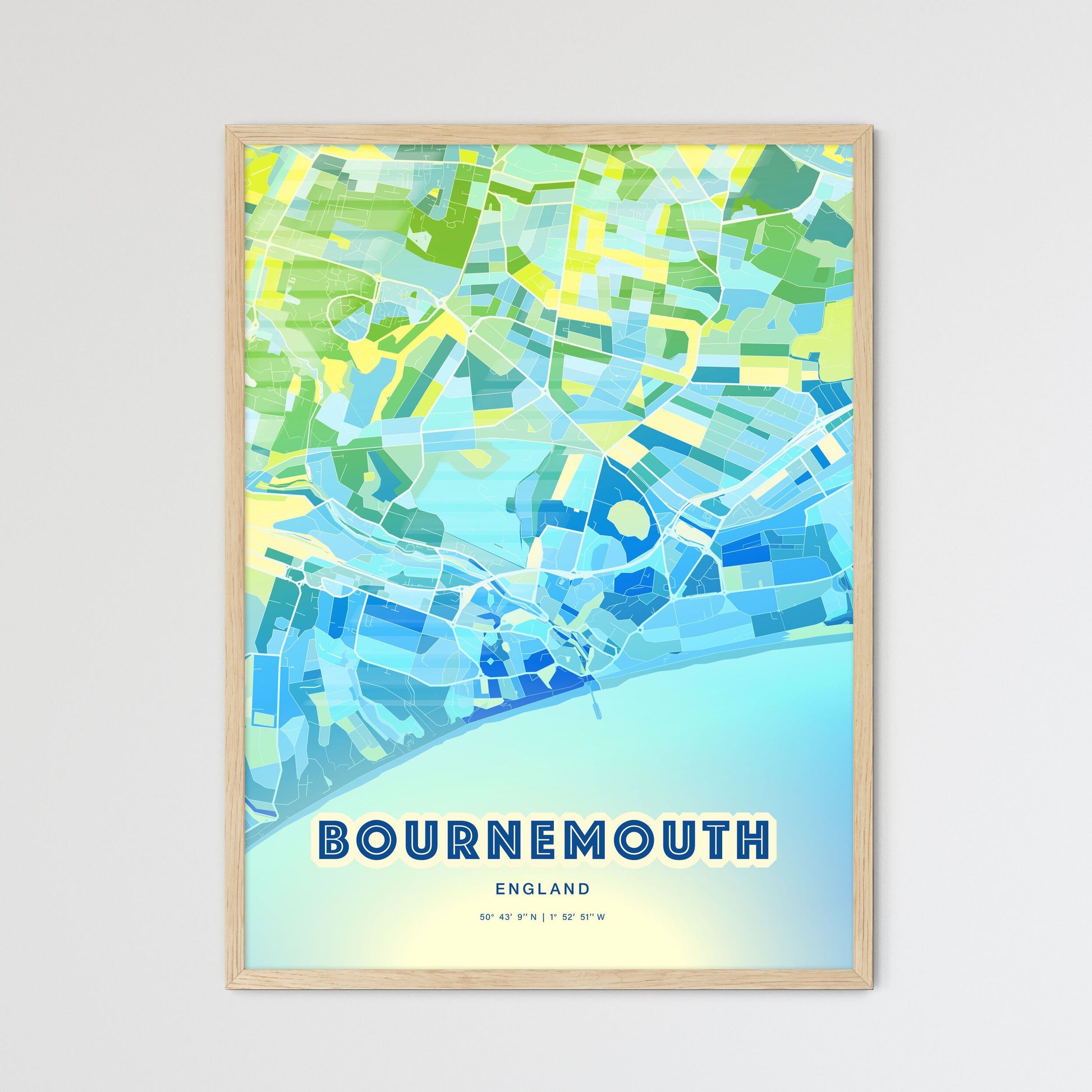 Colorful Bournemouth England Fine Art Map Cool Blue