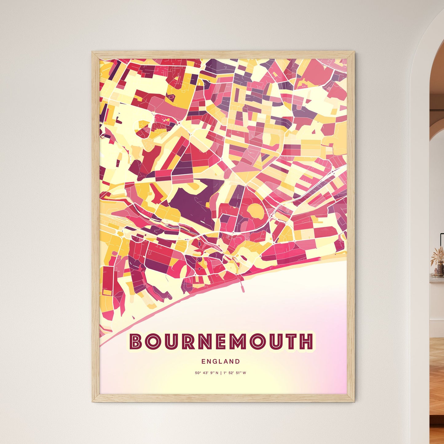 Colorful Bournemouth England Fine Art Map Hot Red
