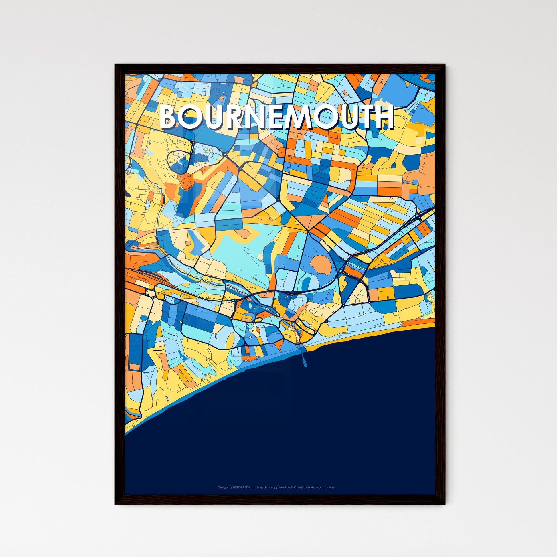 BOURNEMOUTH ENGLAND Vibrant Colorful Art Map Poster Blue Orange