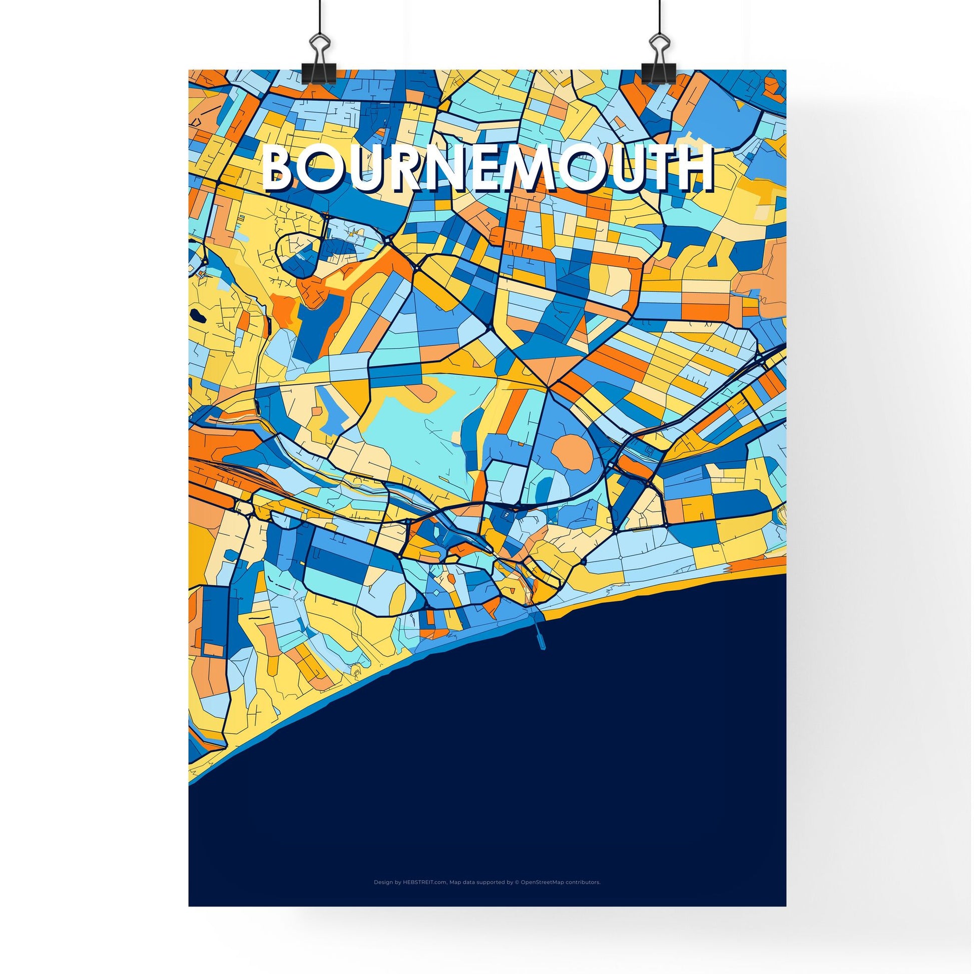 BOURNEMOUTH ENGLAND Vibrant Colorful Art Map Poster Blue Orange