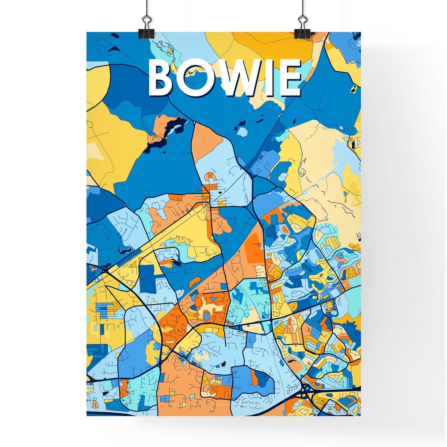 BOWIE MARYLAND Vibrant Colorful Art Map Poster Blue Orange