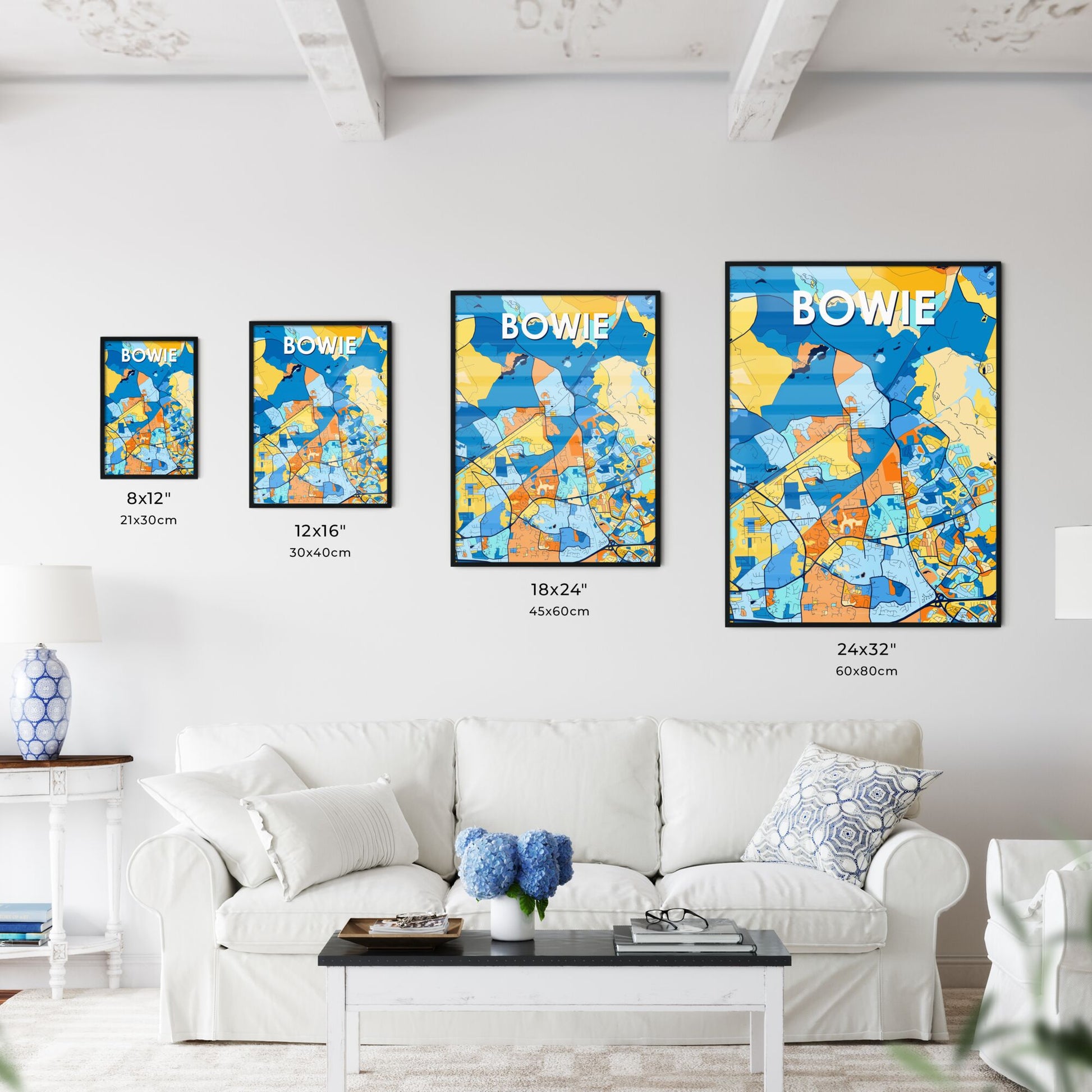 BOWIE MARYLAND Vibrant Colorful Art Map Poster Blue Orange