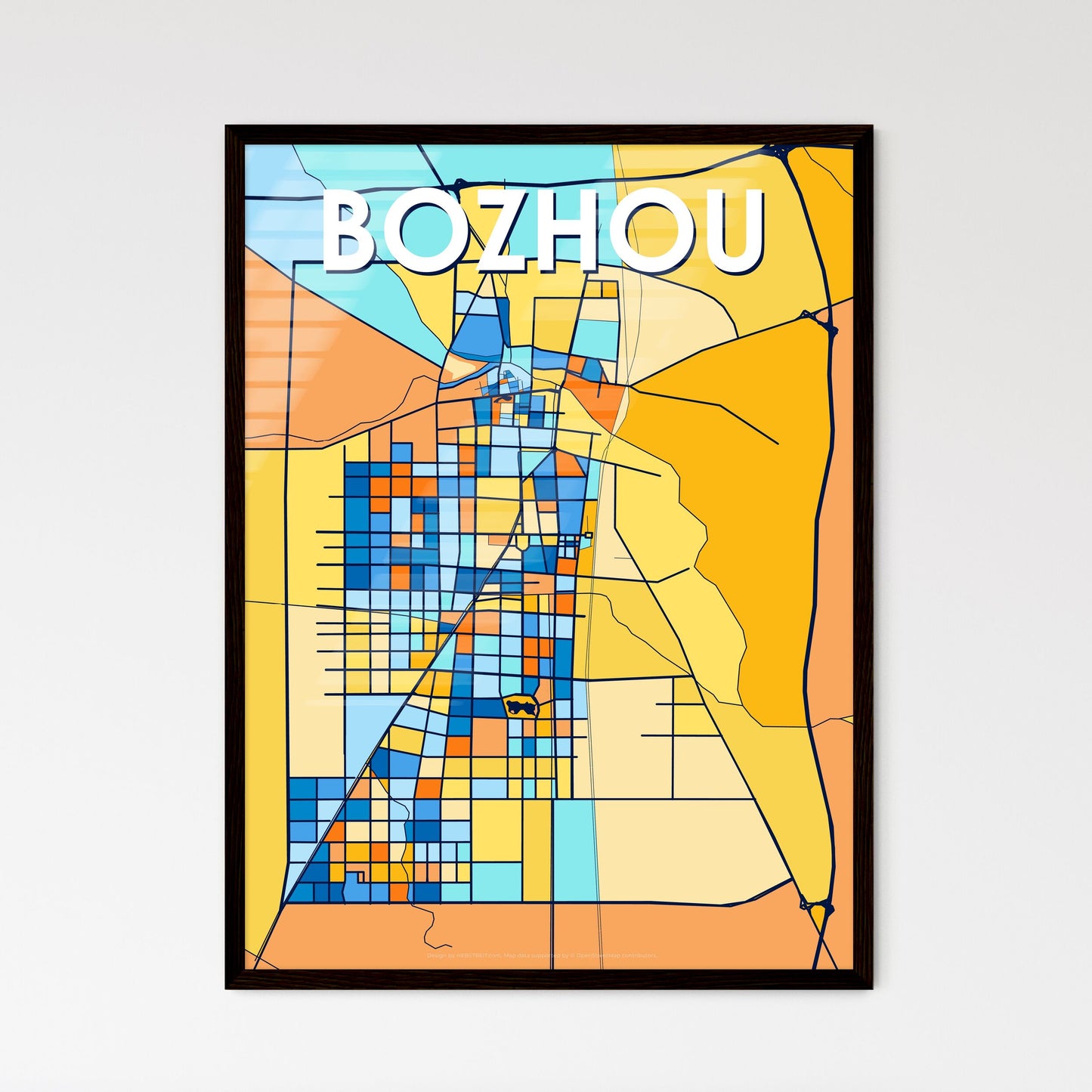 BOZHOU CHINA Vibrant Colorful Art Map Poster Blue Orange