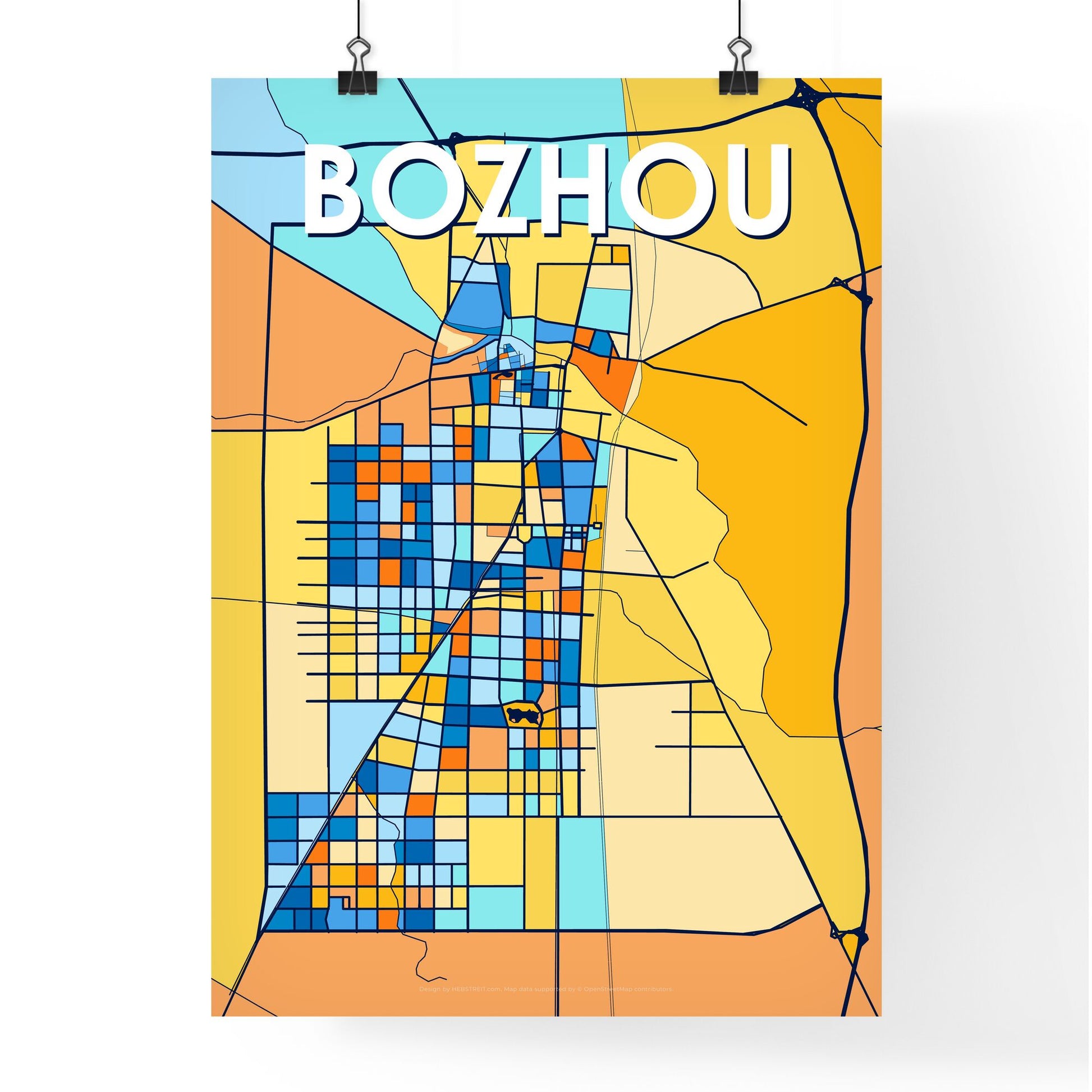 BOZHOU CHINA Vibrant Colorful Art Map Poster Blue Orange