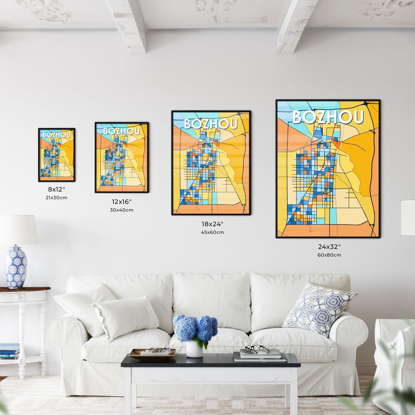 BOZHOU CHINA Vibrant Colorful Art Map Poster Blue Orange