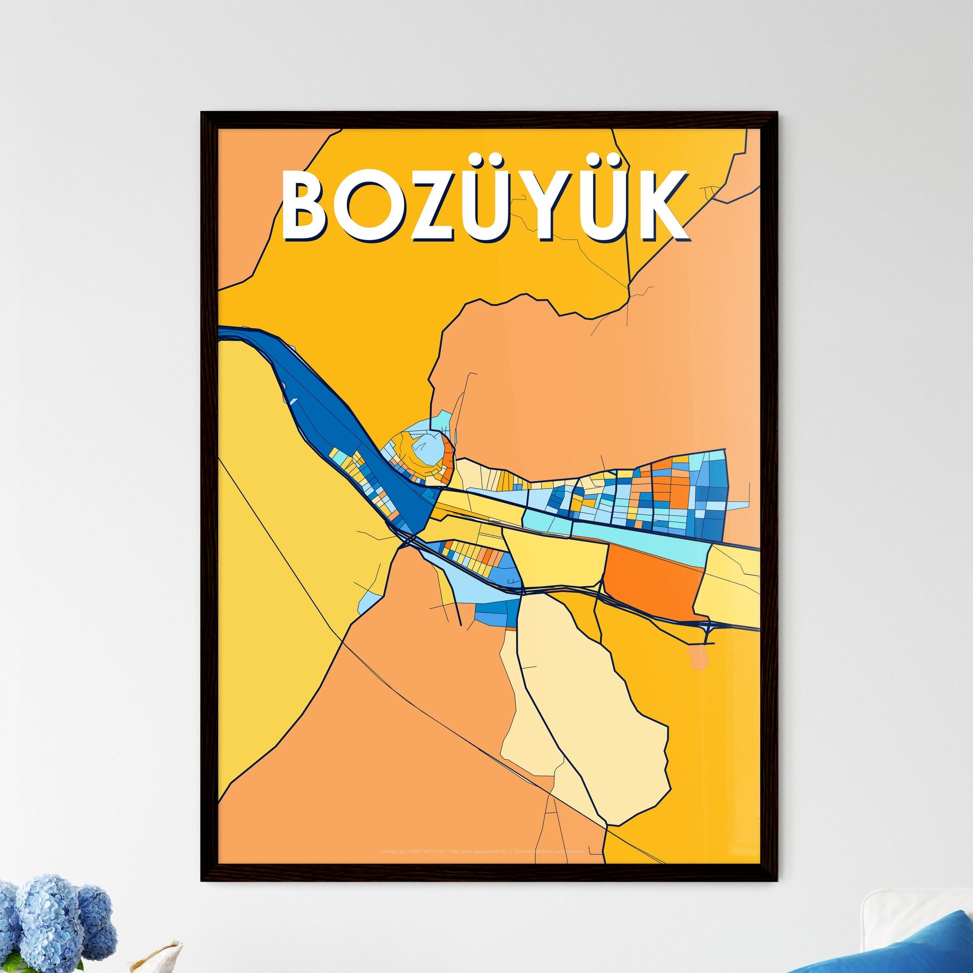 BOZÜYÜK TURKEY Vibrant Colorful Art Map Poster Blue Orange