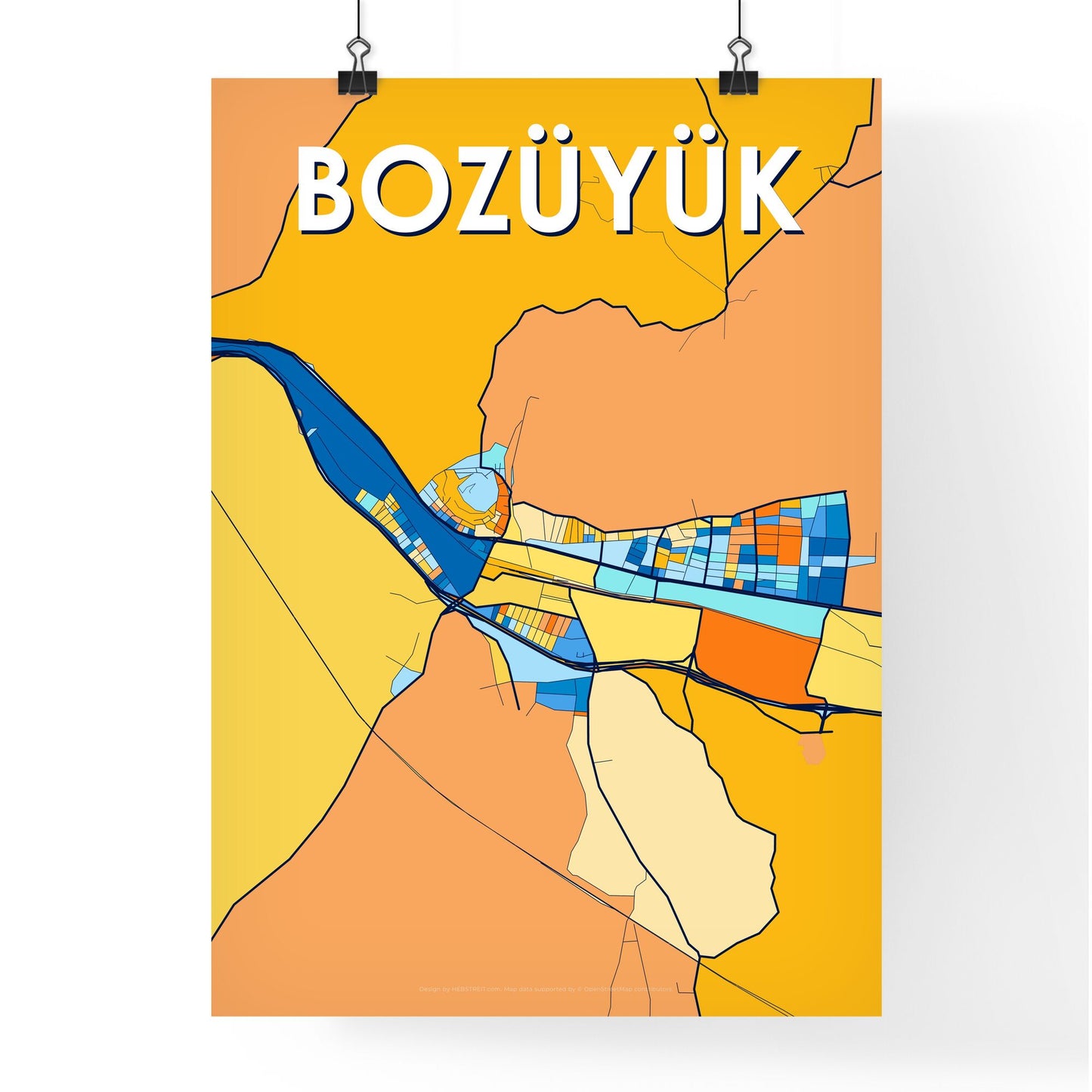 BOZÜYÜK TURKEY Vibrant Colorful Art Map Poster Blue Orange