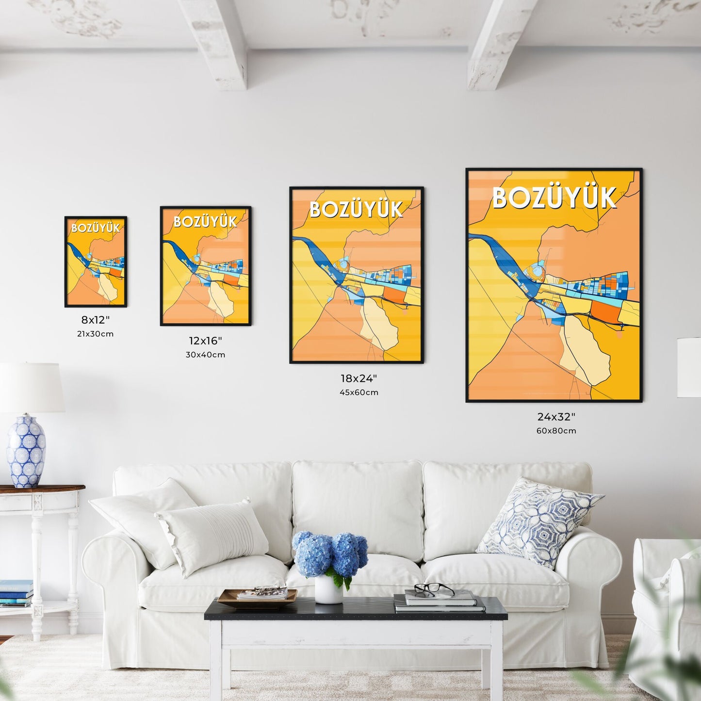 BOZÜYÜK TURKEY Vibrant Colorful Art Map Poster Blue Orange