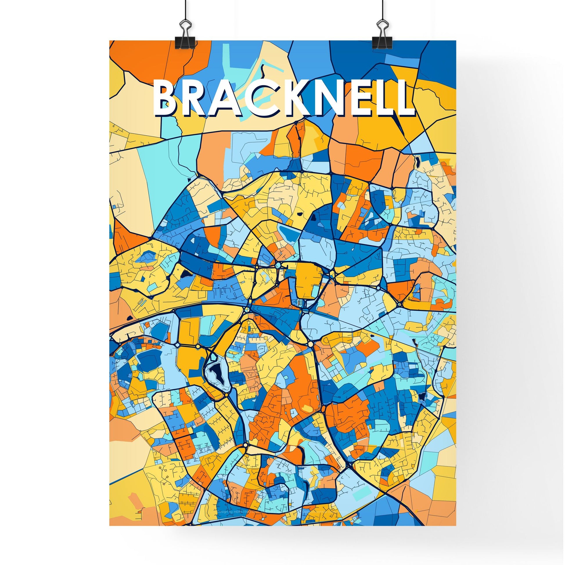 BRACKNELL ENGLAND Vibrant Colorful Art Map Poster Blue Orange