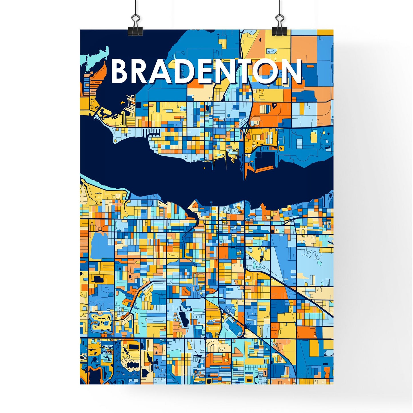 BRADENTON FLORIDA Vibrant Colorful Art Map Poster Blue Orange