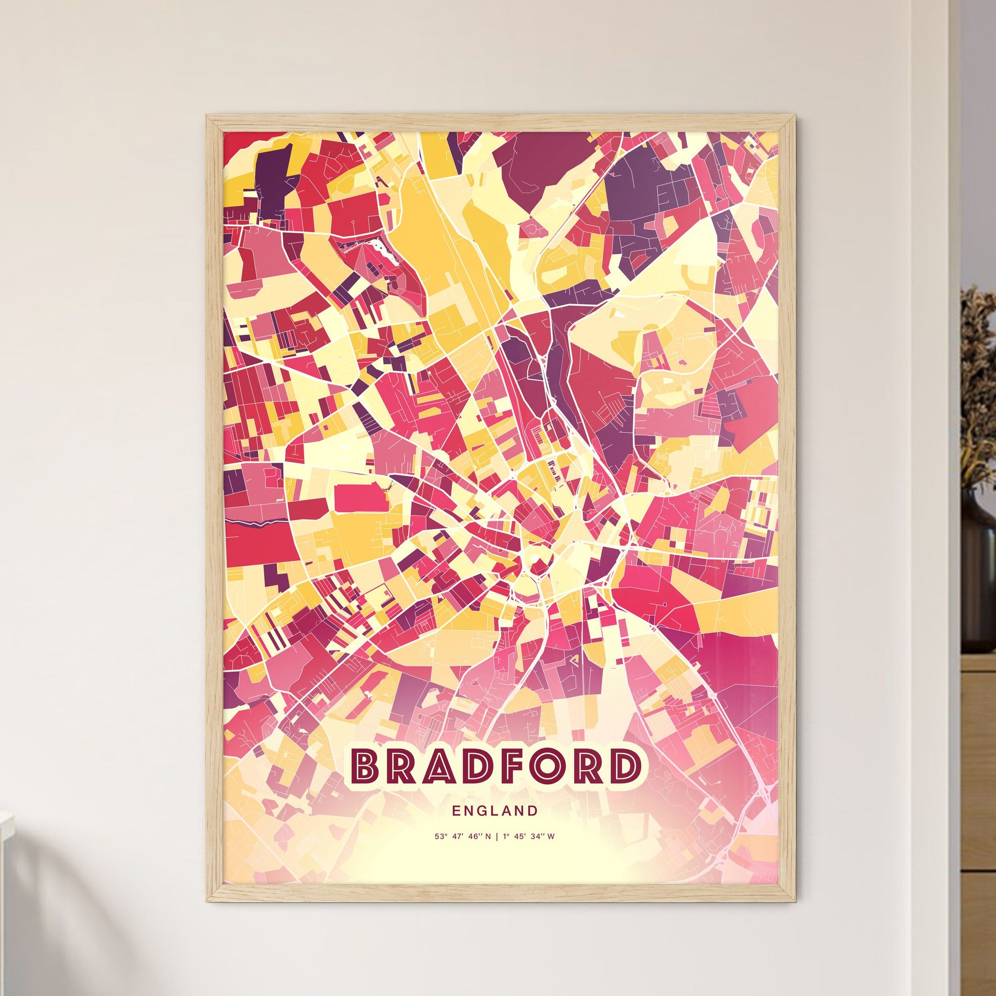 Colorful Bradford England Fine Art Map Hot Red