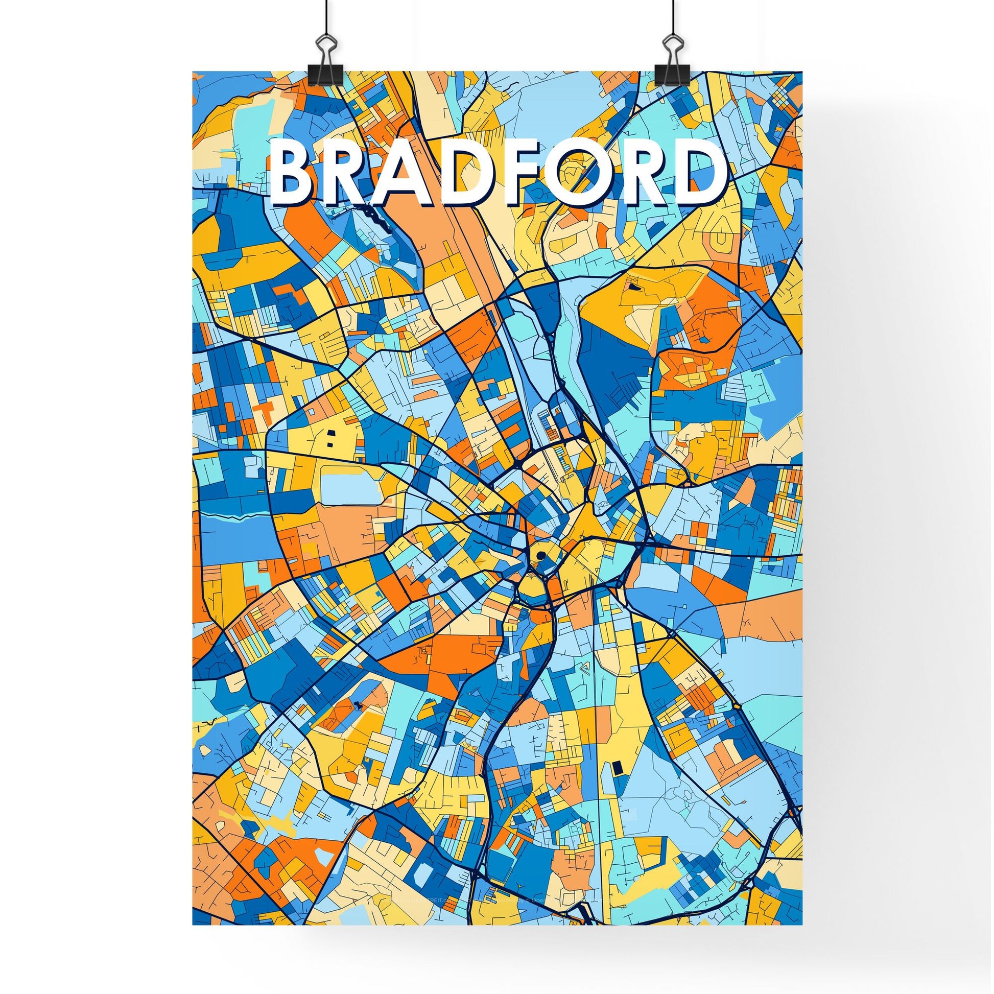 BRADFORD ENGLAND Vibrant Colorful Art Map Poster Blue Orange