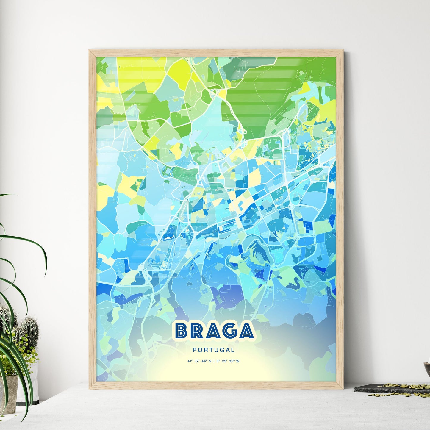 Colorful Braga Portugal Fine Art Map Cool Blue