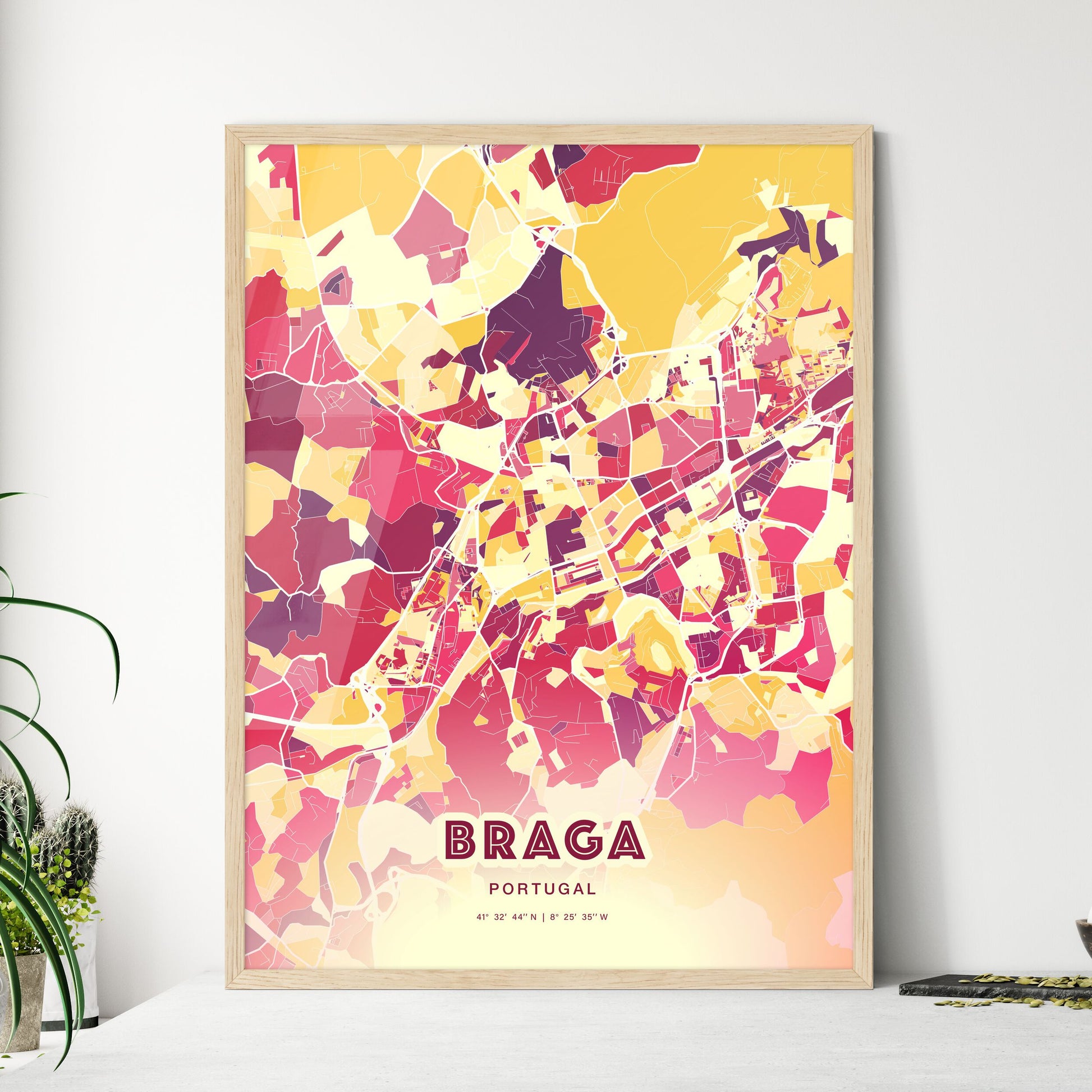 Colorful Braga Portugal Fine Art Map Hot Red
