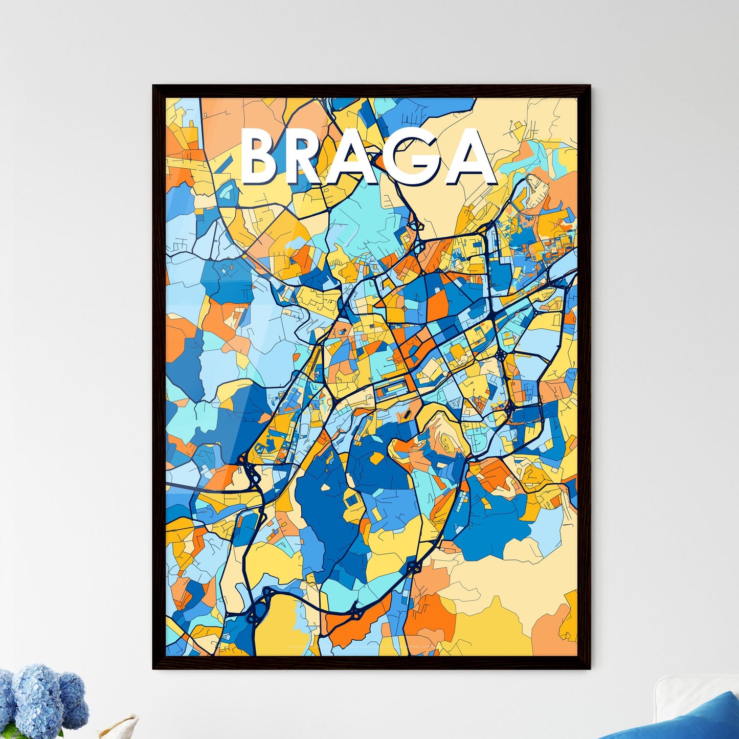 BRAGA PORTUGAL Vibrant Colorful Art Map Poster Blue Orange