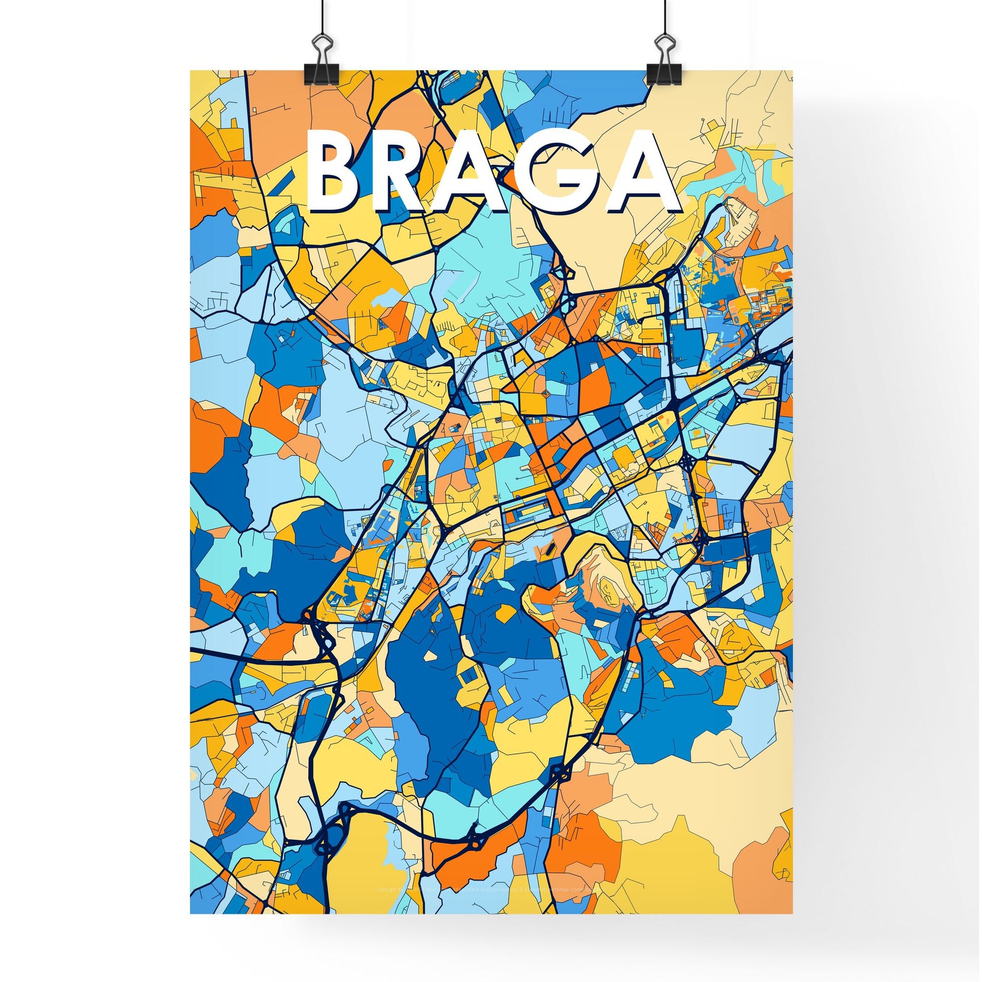 BRAGA PORTUGAL Vibrant Colorful Art Map Poster Blue Orange