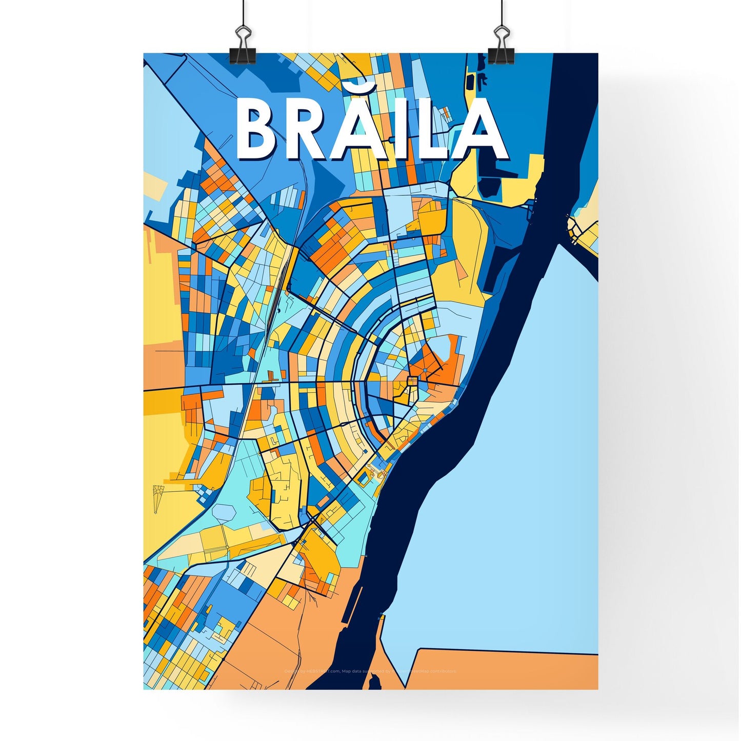 BRĂILA ROMANIA Vibrant Colorful Art Map Poster Blue Orange