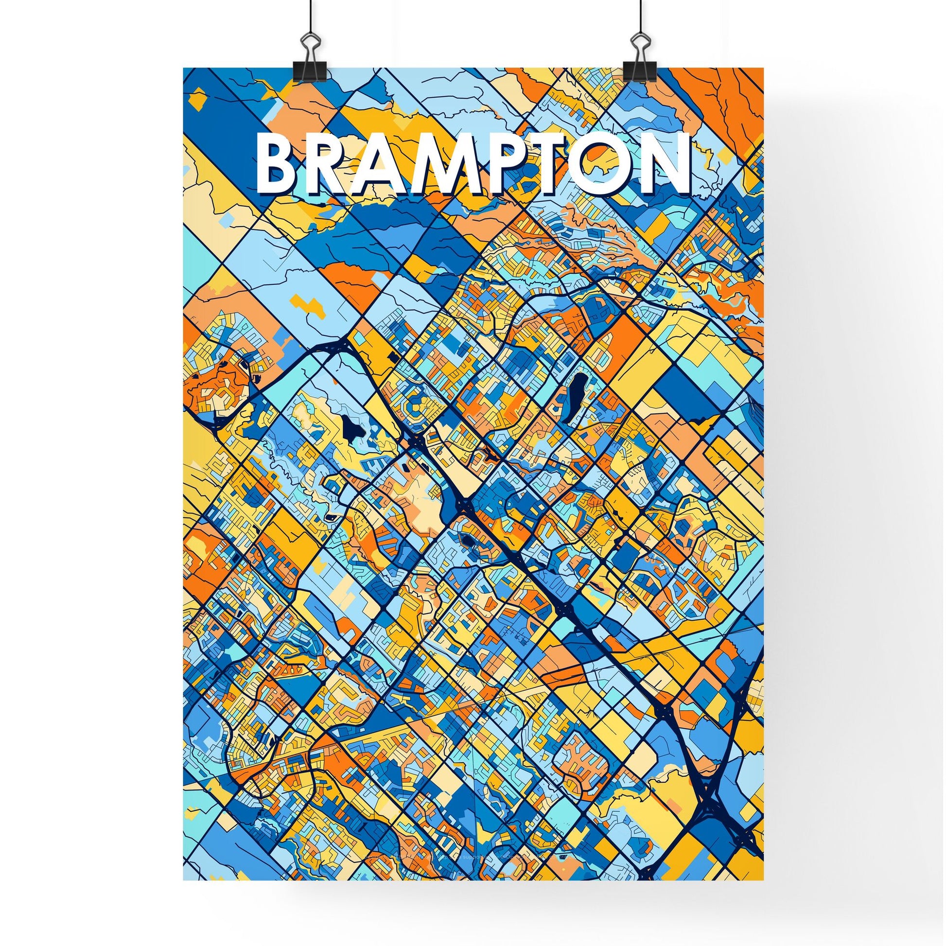 BRAMPTON CANADA Vibrant Colorful Art Map Poster Blue Orange