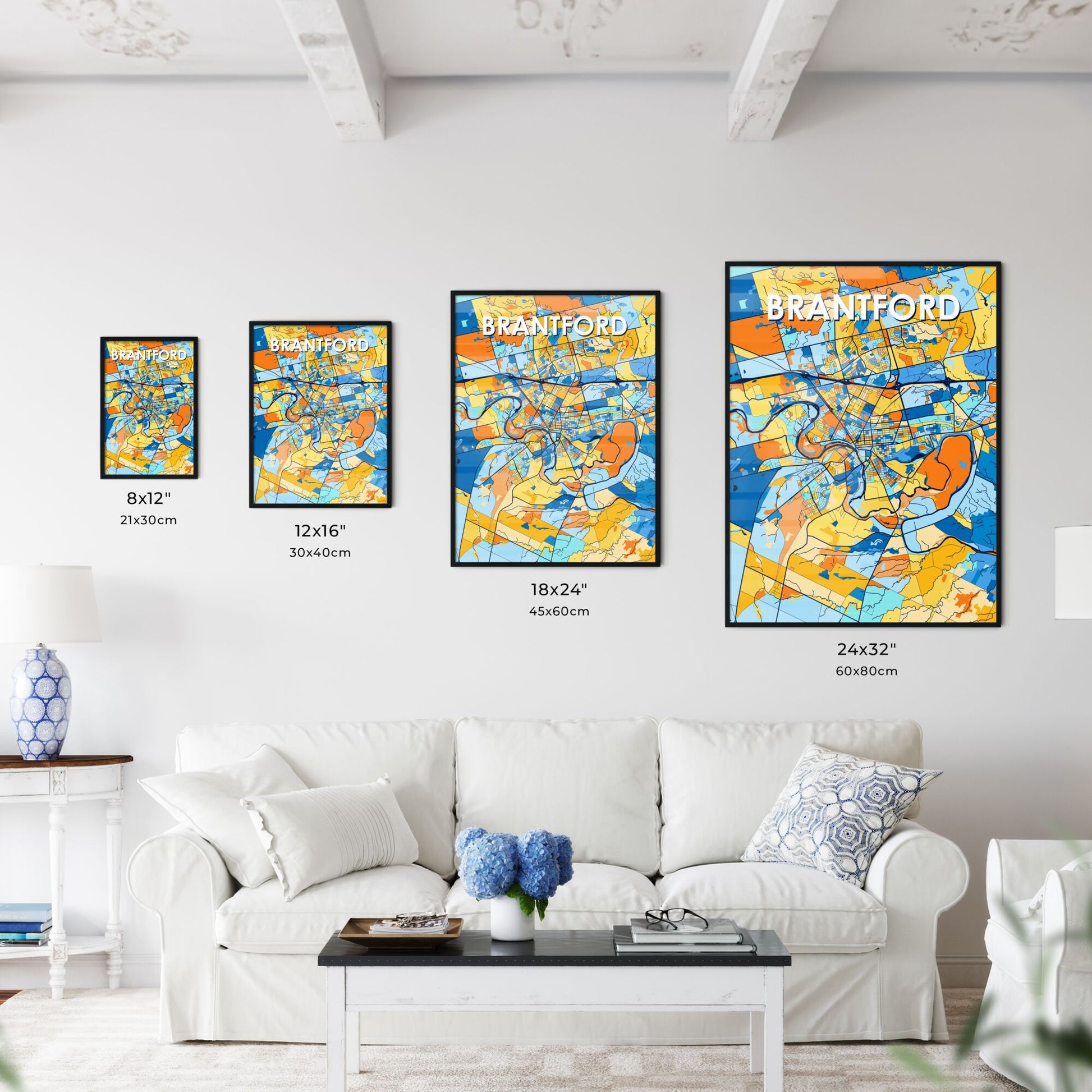 BRANTFORD CANADA Vibrant Colorful Art Map Poster Blue Orange