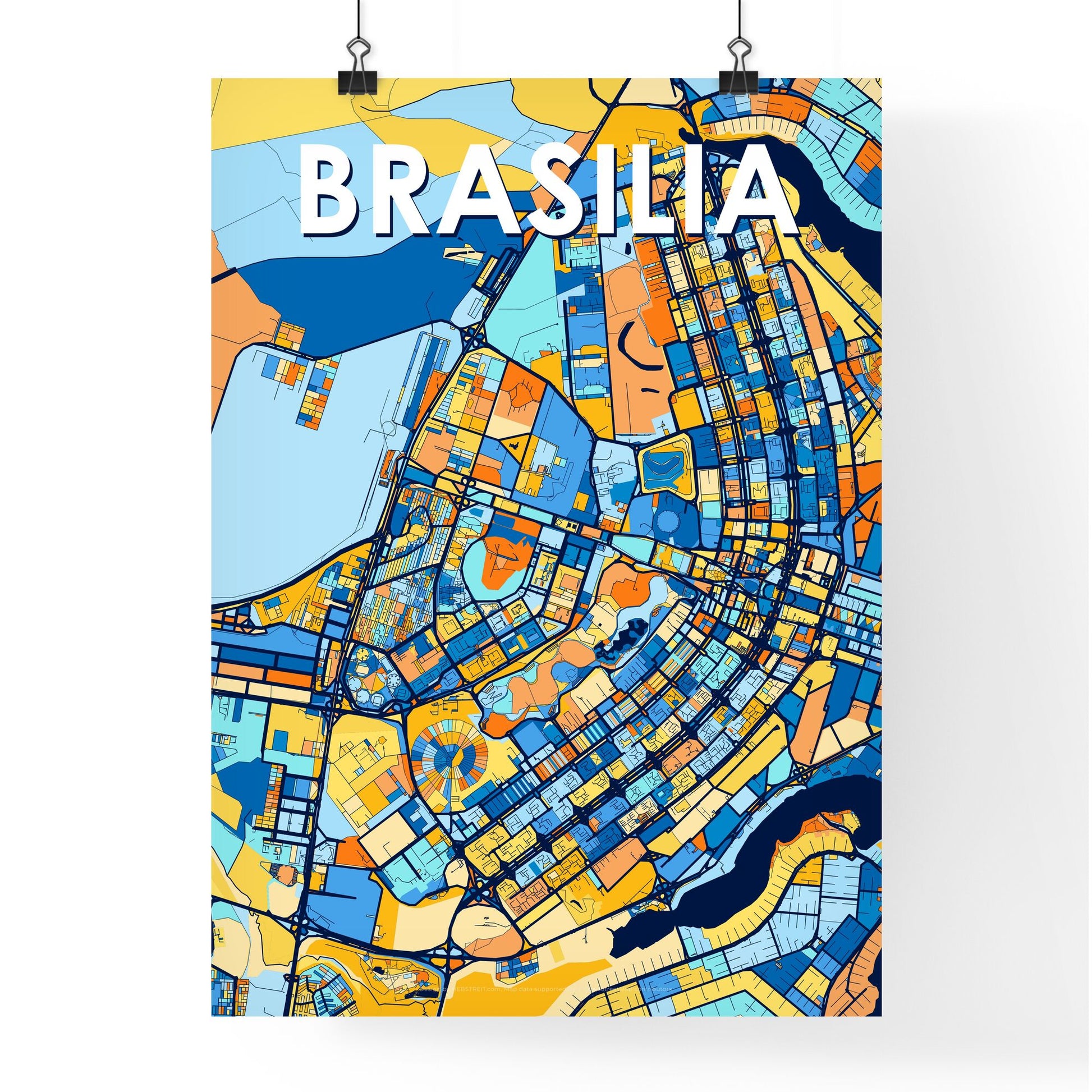 BRASILIA BRAZIL Vibrant Colorful Art Map Poster Blue Orange