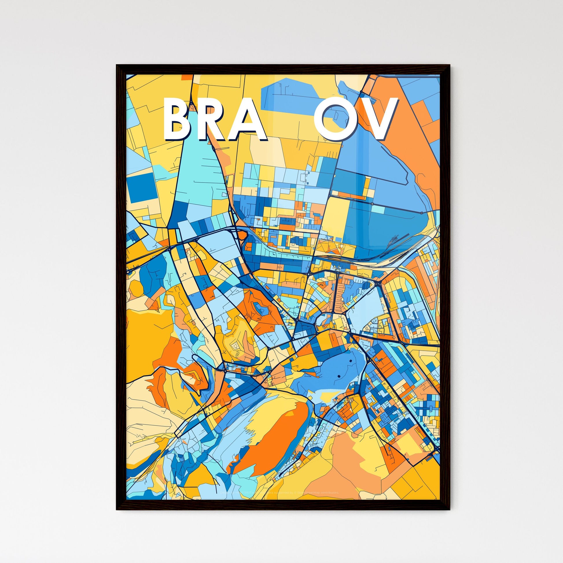 BRAȘOV ROMANIA Vibrant Colorful Art Map Poster Blue Orange