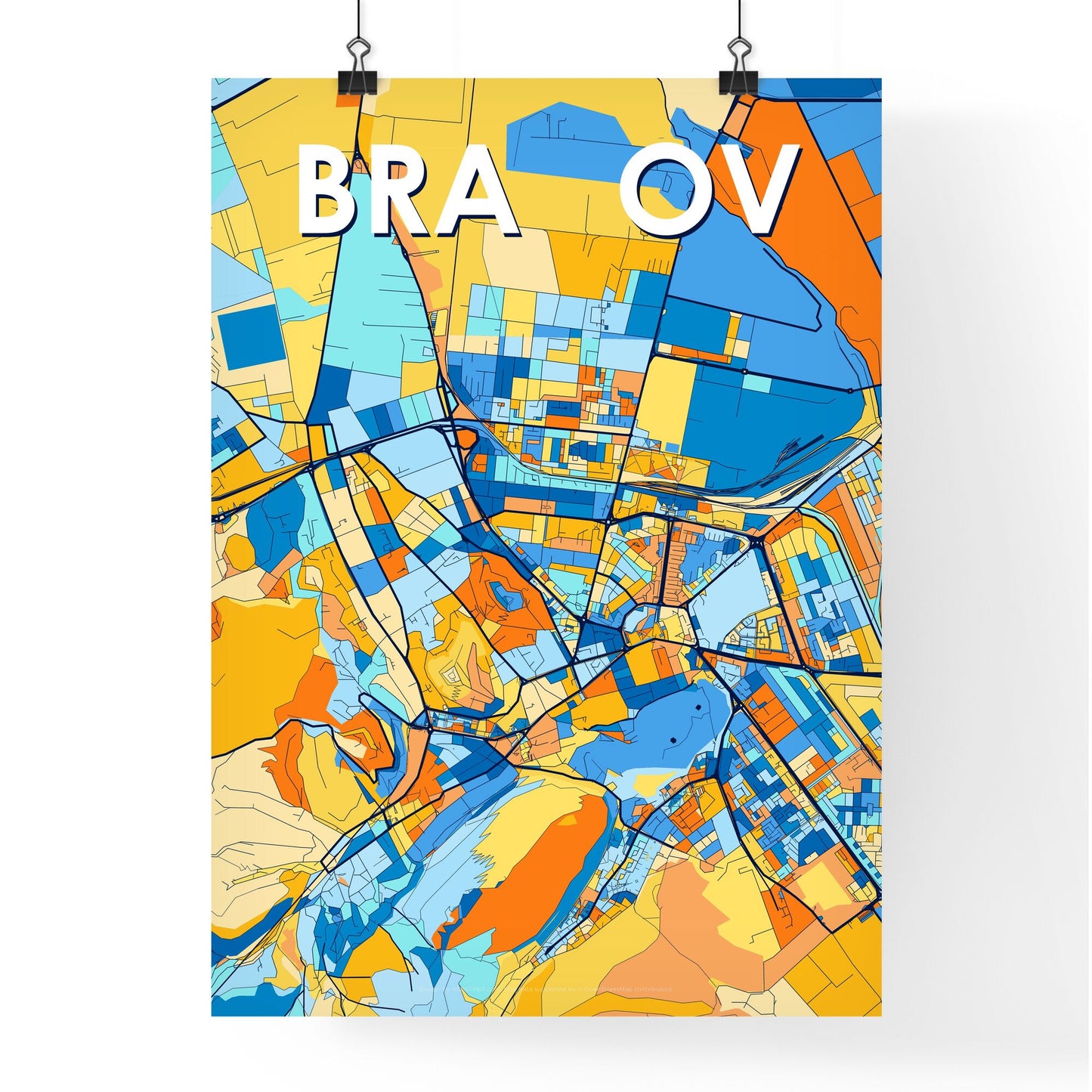 BRAȘOV ROMANIA Vibrant Colorful Art Map Poster Blue Orange