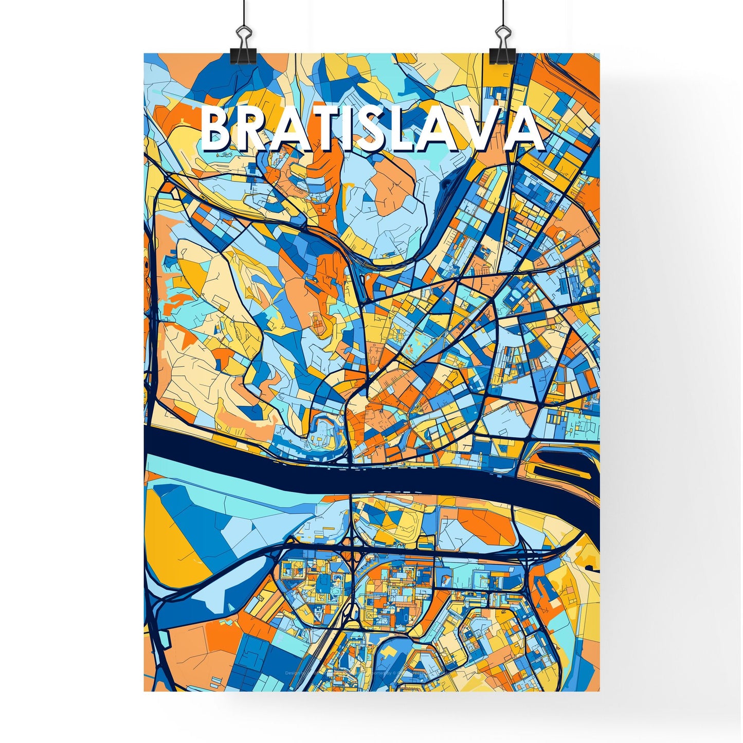 BRATISLAVA SLOVAKIA Vibrant Colorful Art Map Poster Blue Orange