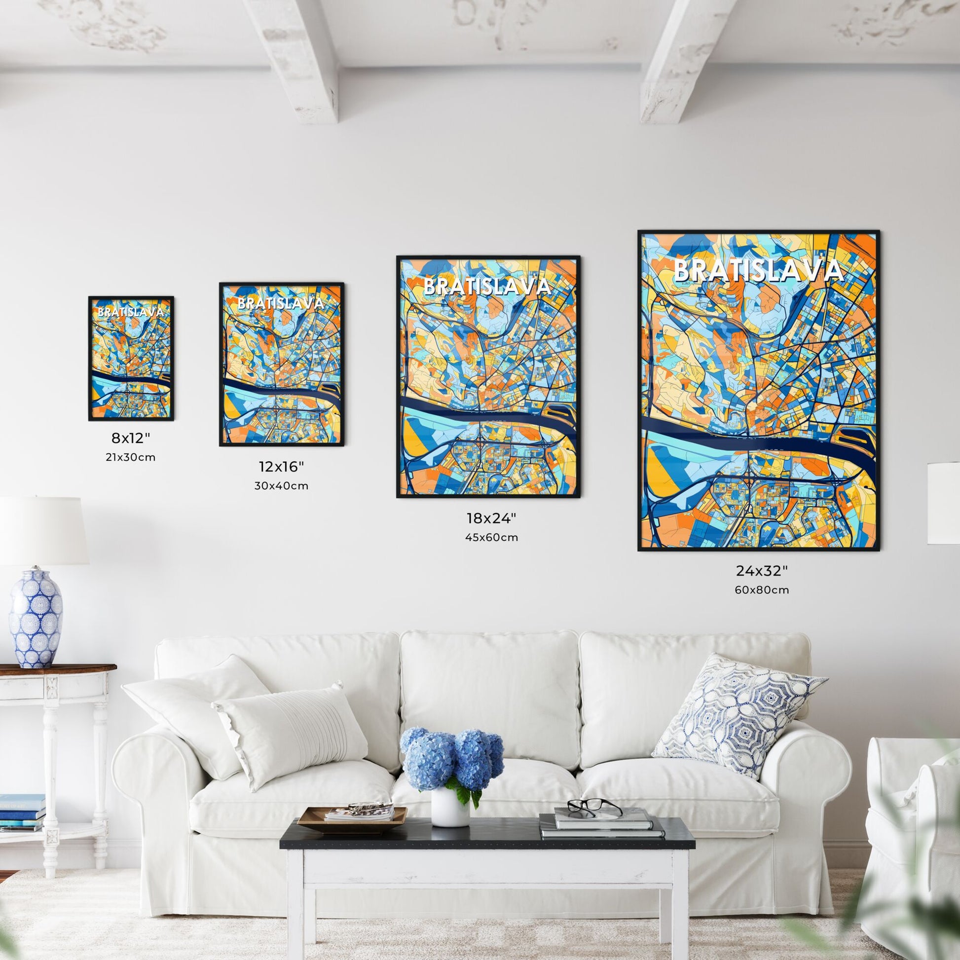 BRATISLAVA SLOVAKIA Vibrant Colorful Art Map Poster Blue Orange